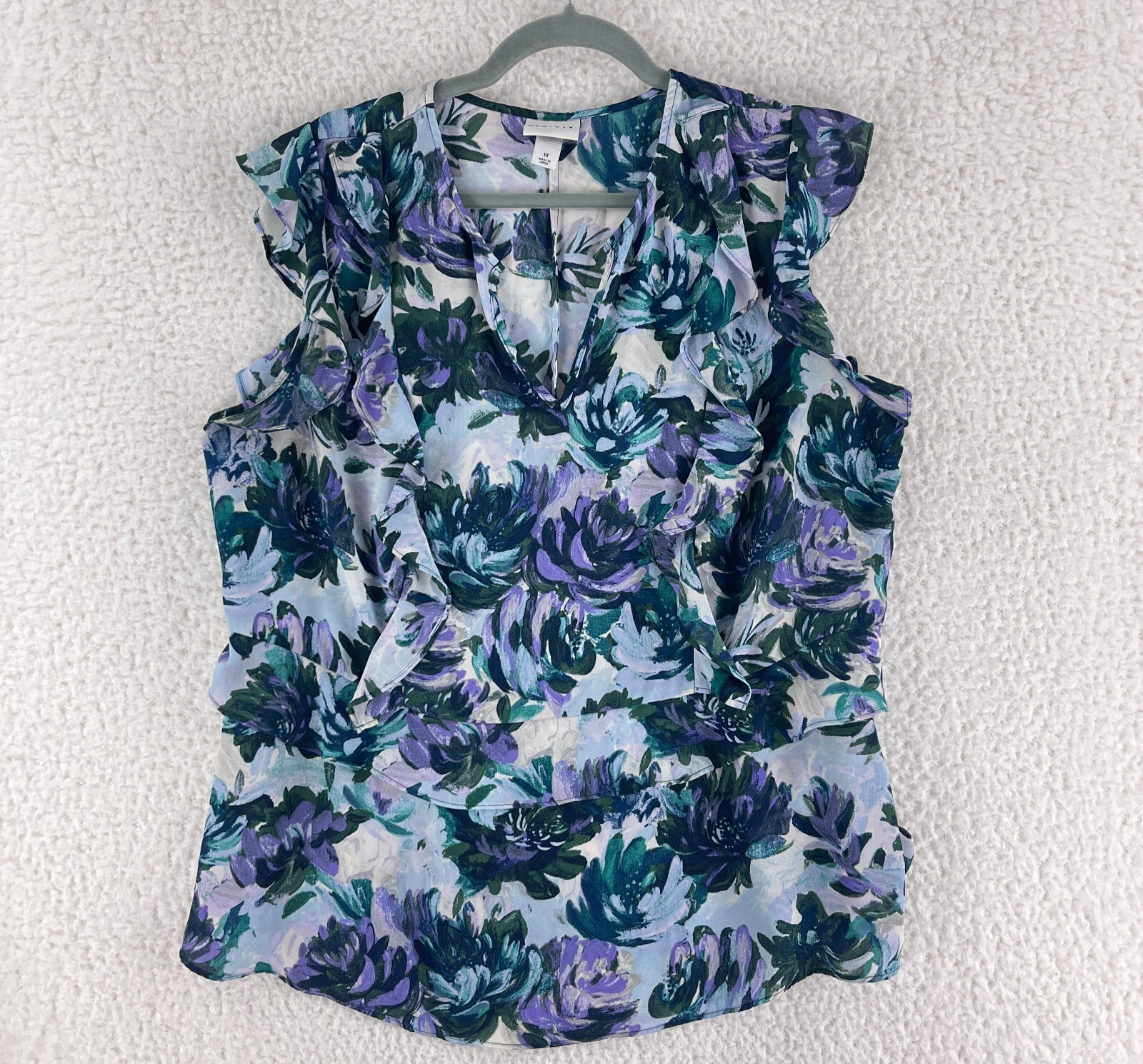 Ava & Viv Floral Flutter Sleeve Shirt Womens Plus 1X V-Neck Short Sleeve Top