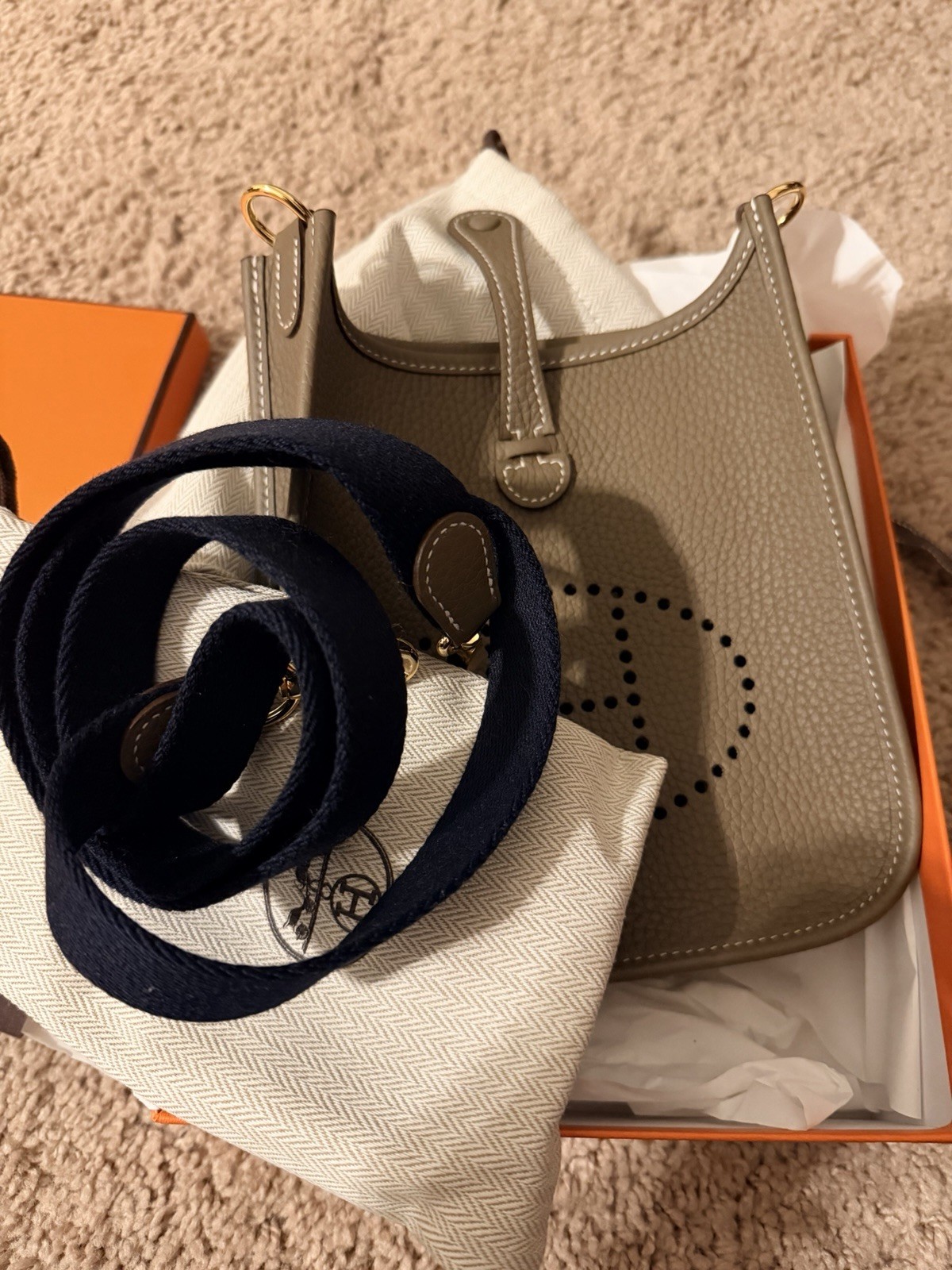 Hermès Evelyne TPM Mini Taupe Crossbody Bag Navy Strap Dust Bag Box