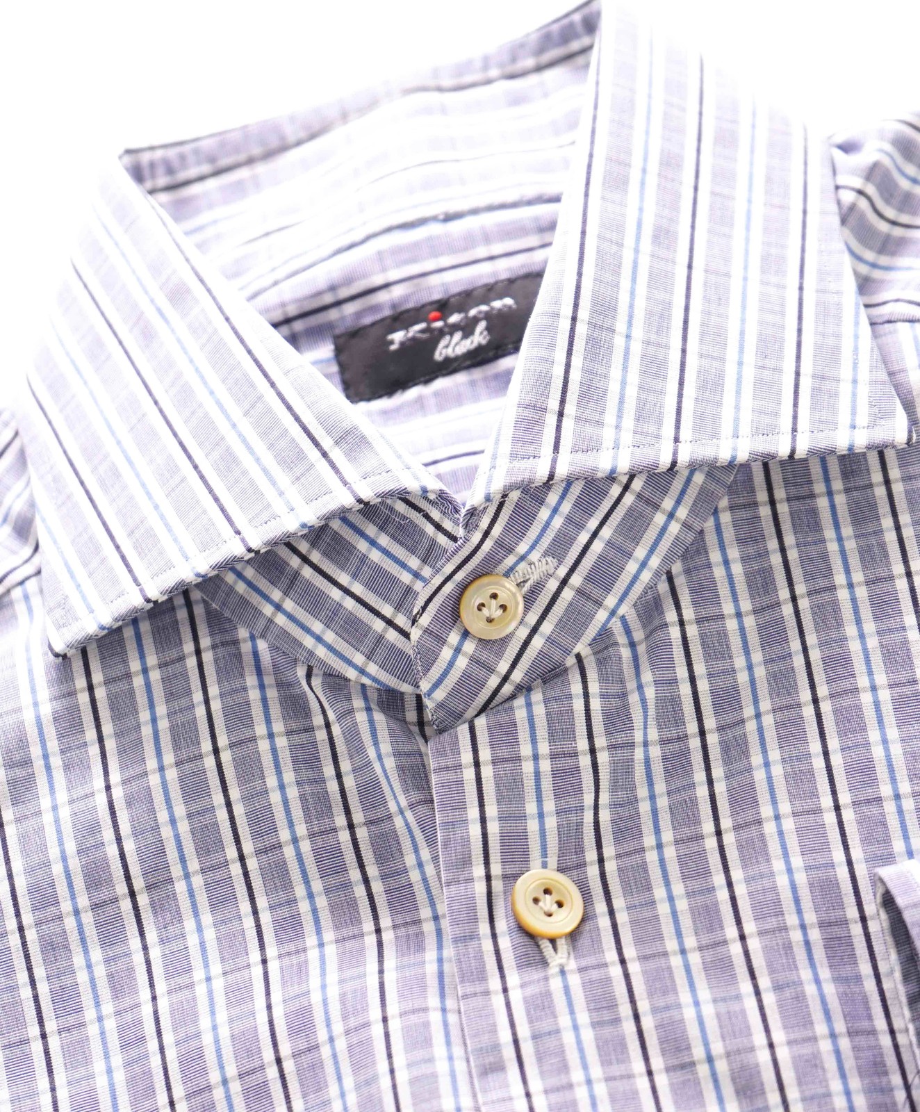 $995 KITON – BLACK Gray/Blue Check CUTAWAY Collar Button Down Shirt – 15.5 39
