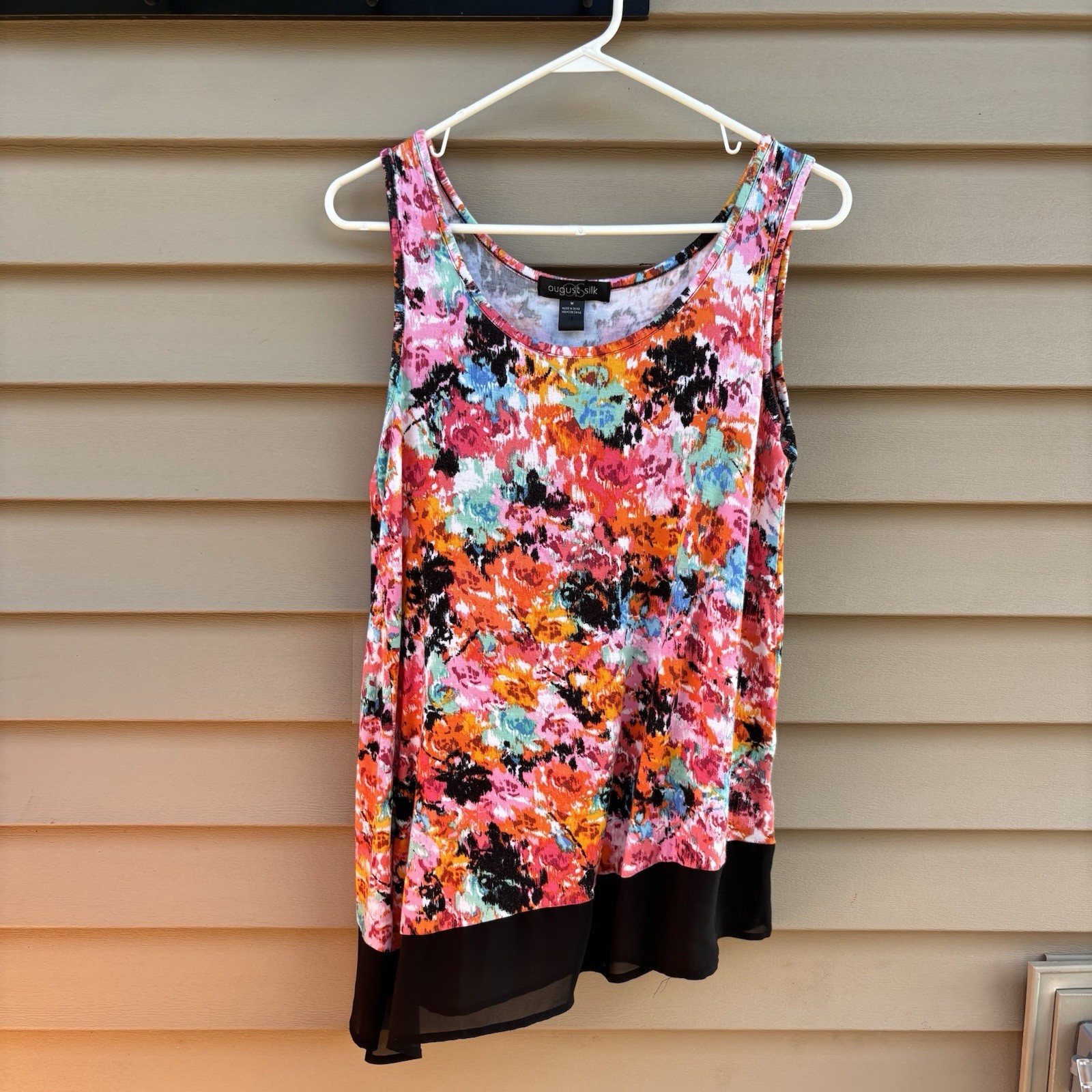 August Silk Floral Tank Top Asymmetric Sheer Chiffon Hem Sleeveless Blouse M