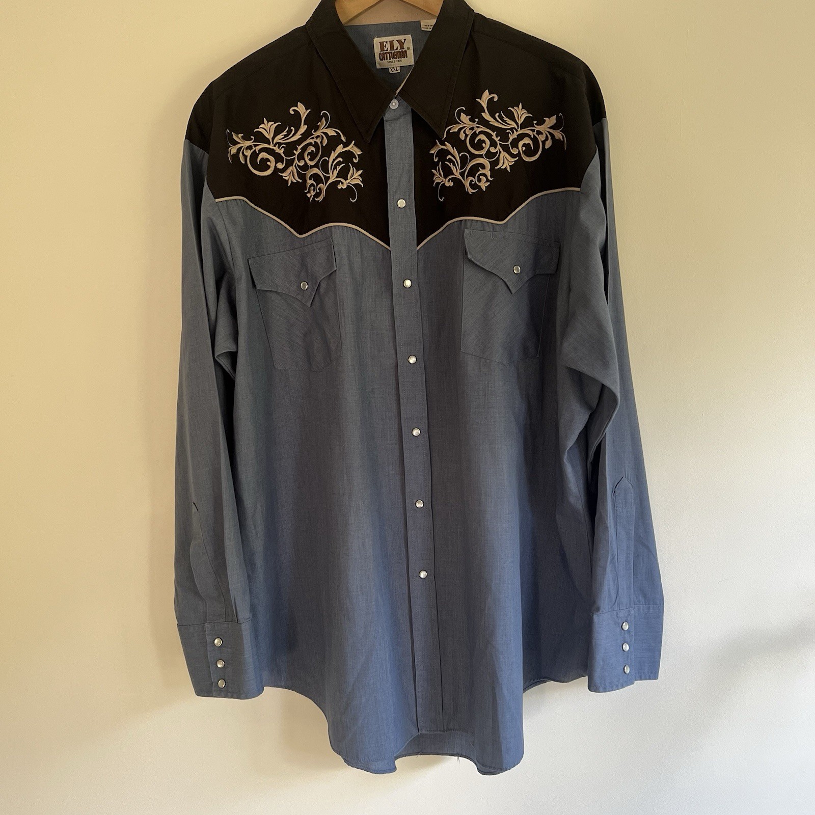 Ely Cattleman Western Shirt Mens XXL Blue Black Embroidered Pearl Snap Country