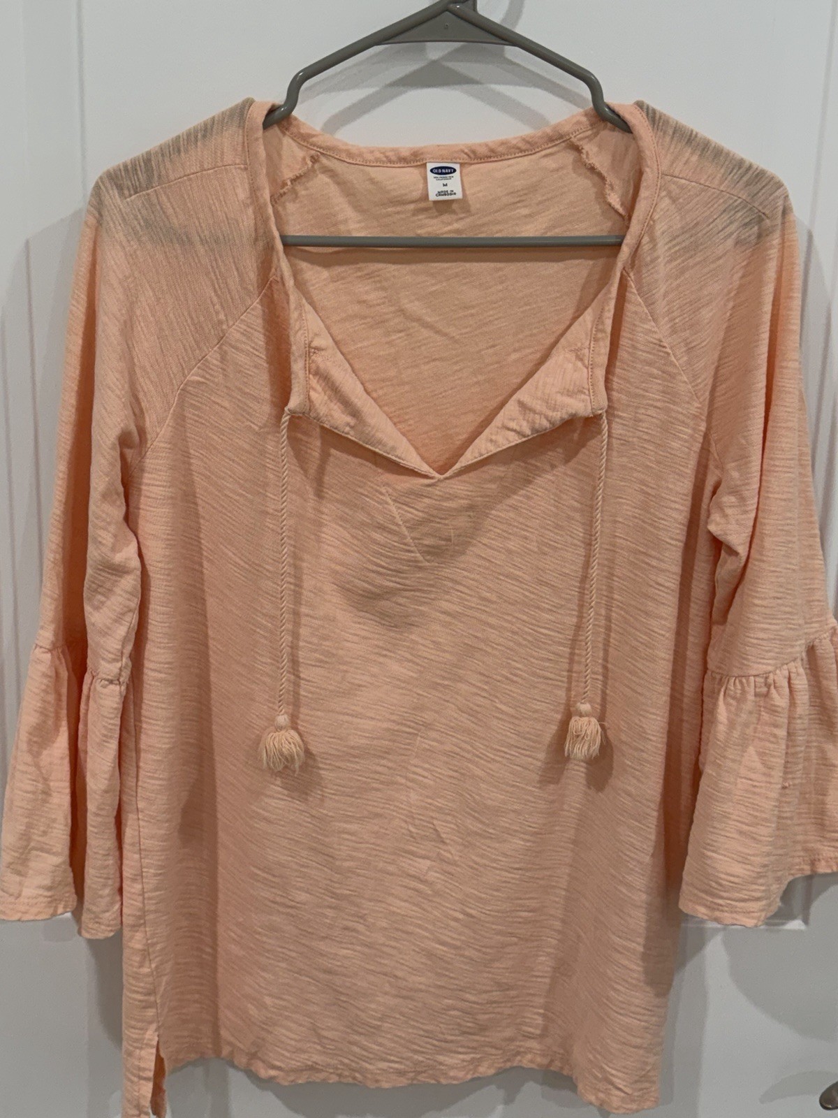 Old Navy M Blouse Peach Solid Knit Cotton V-Neck Tassel Tie 3/4 Bell Sleeve