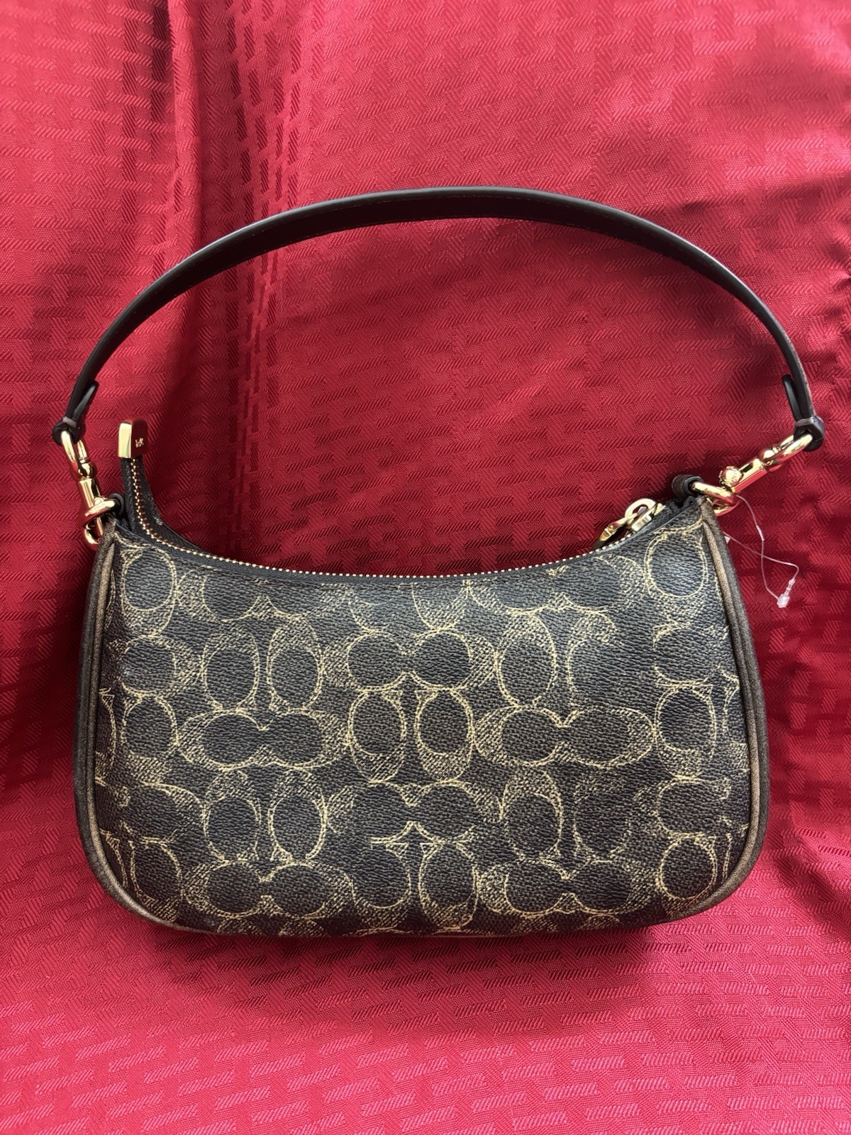 Coach Teri Small Brown Signature Logo Crescent Shoulder Bag Zip w/ Charm Strap