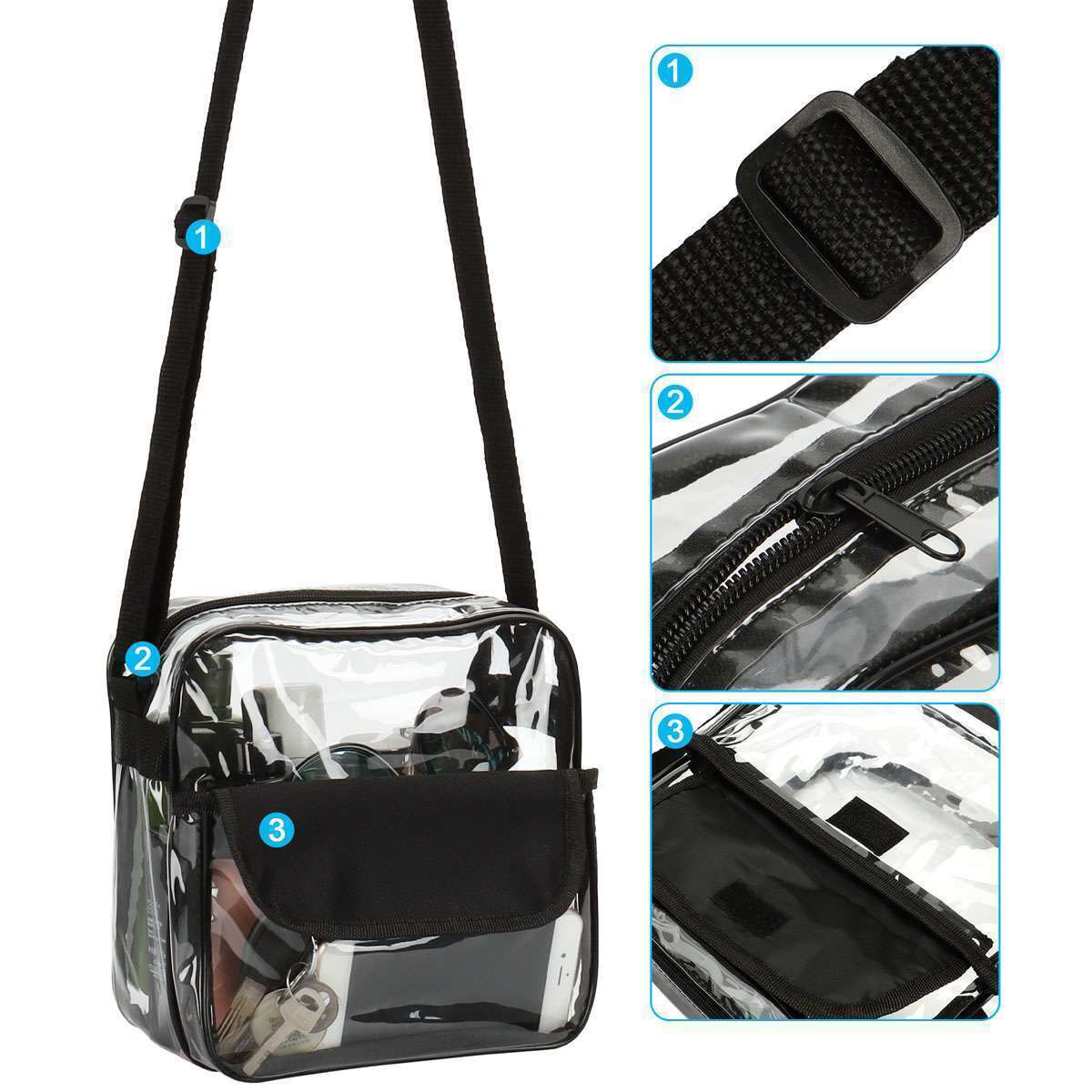 Clear USB Tote Bag PVC Zipper Stadium Approved Shoulder Handbag Purse Chest