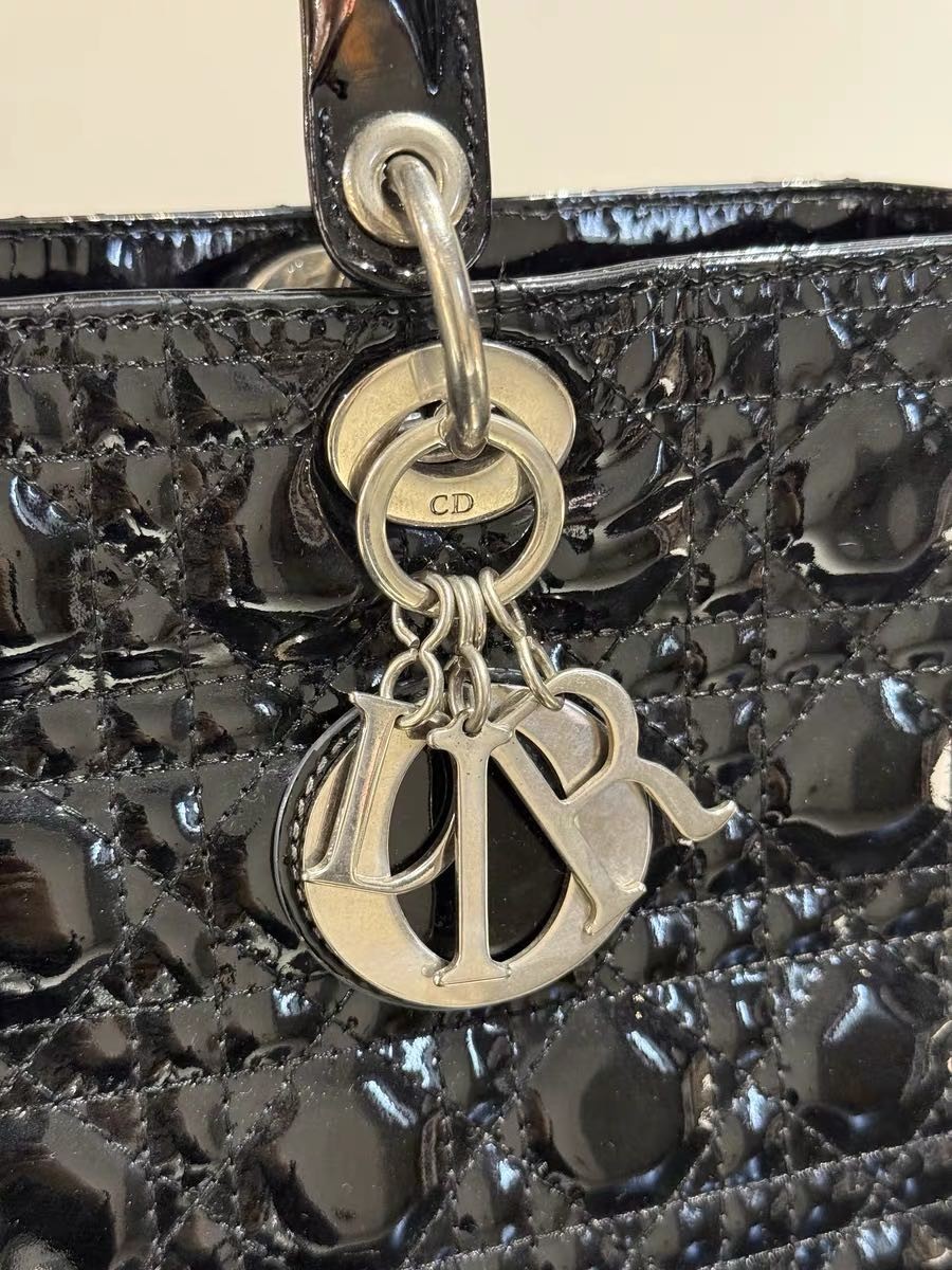 Authentic Christian Dior Black Patent Leather Lady Dior Bag