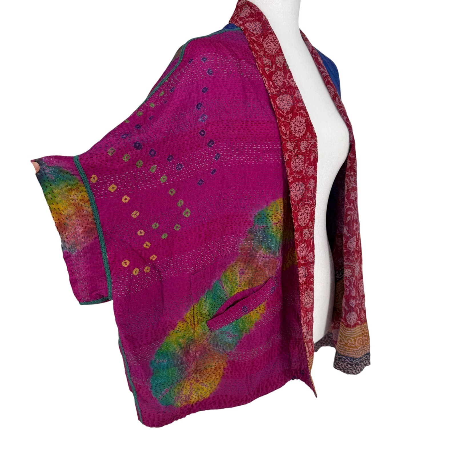 Mieko Mintz Reversible 100% Silk Kantha Jacket Red Blue Floral Bandhani OS India