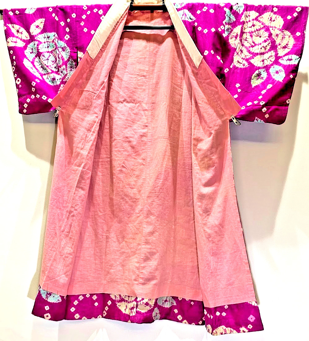 Full Shibori Silk Nagajuban White Red S 47in Peony Fabric Remake Vintage Art