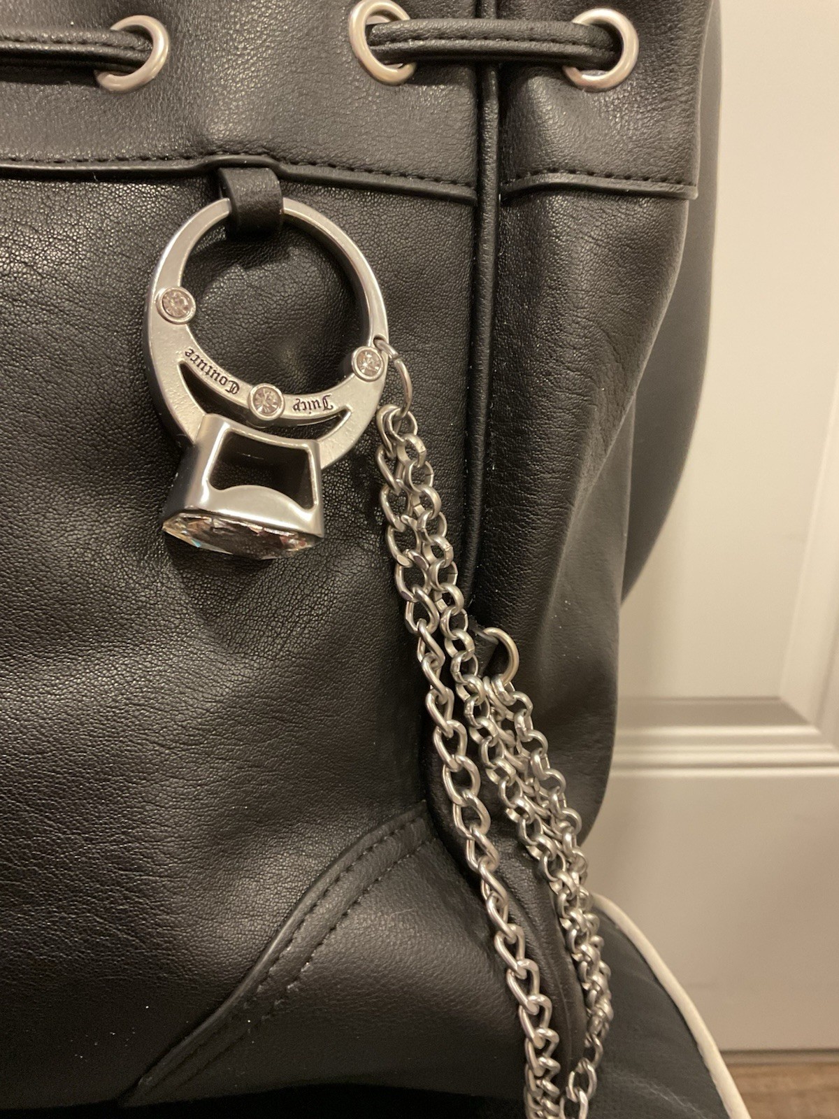 JUICY COUTURE Black Drawstring Tote JJBag Double Handles Rhinestone Crown