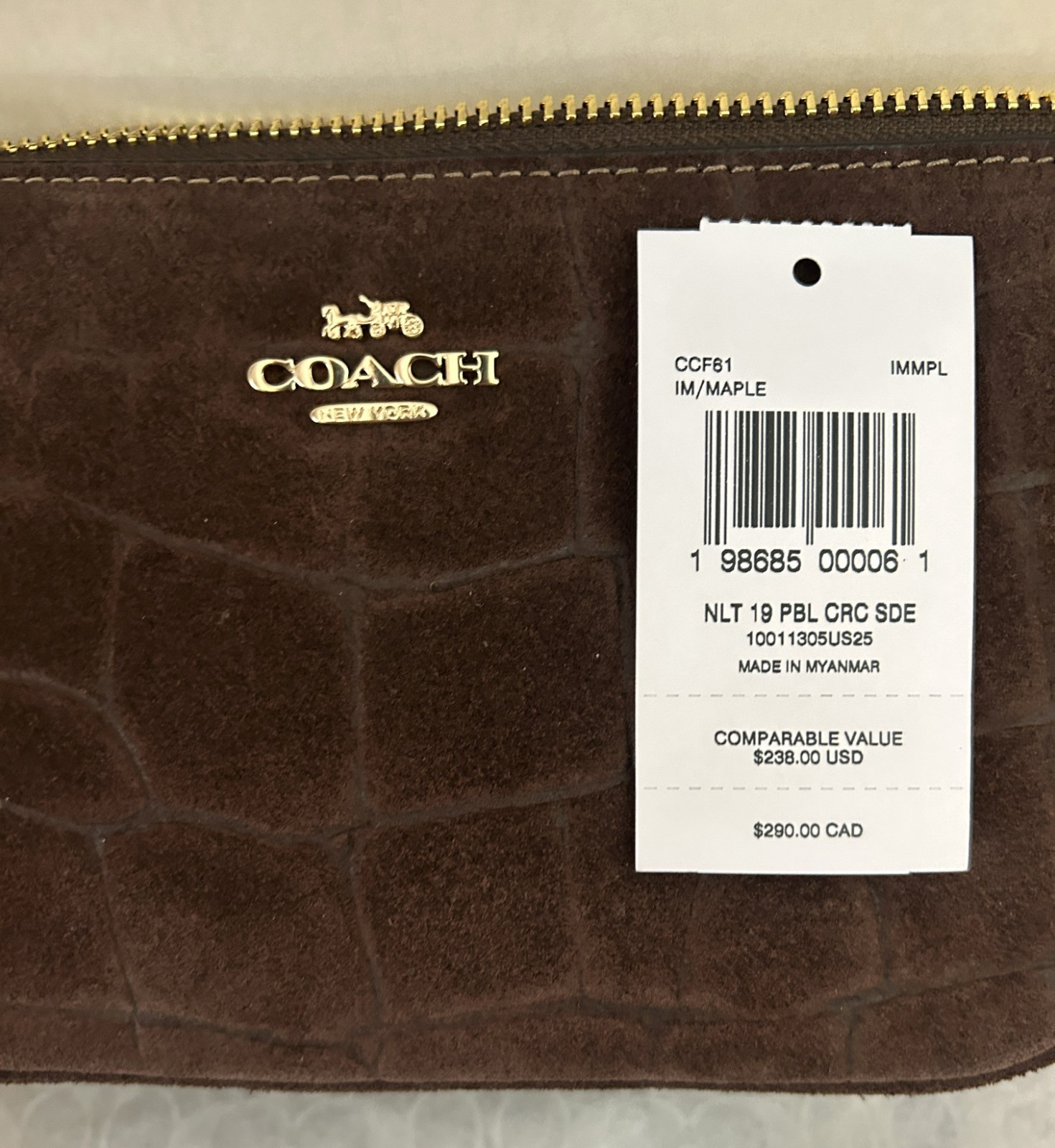 NWT COACH Nolita 19 Crocodile-Embossed Suede, CCF61 Gold/Maple