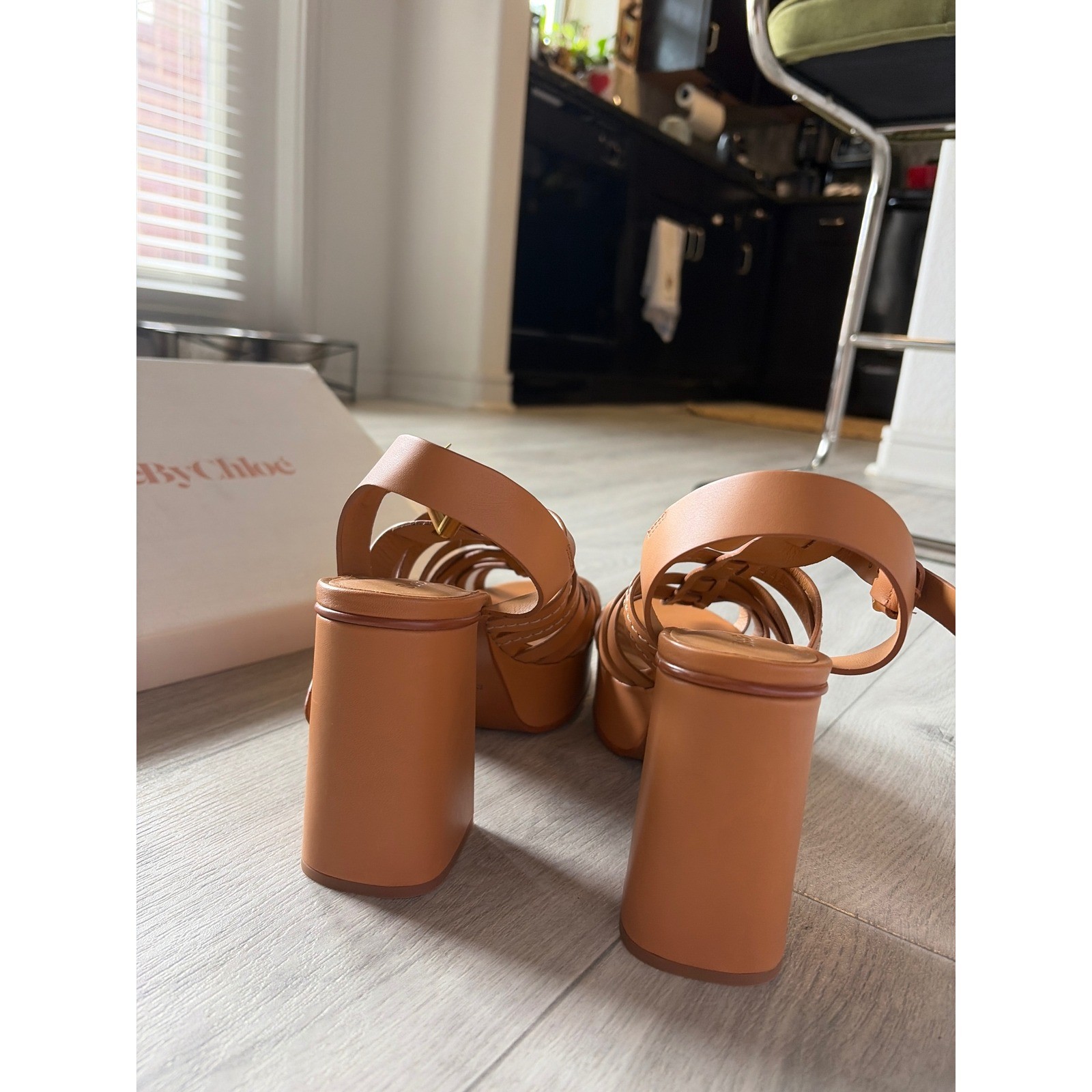 See By Chloe Giuly Tan Leather Platform Caged Block Heel Sandals Size 40 new