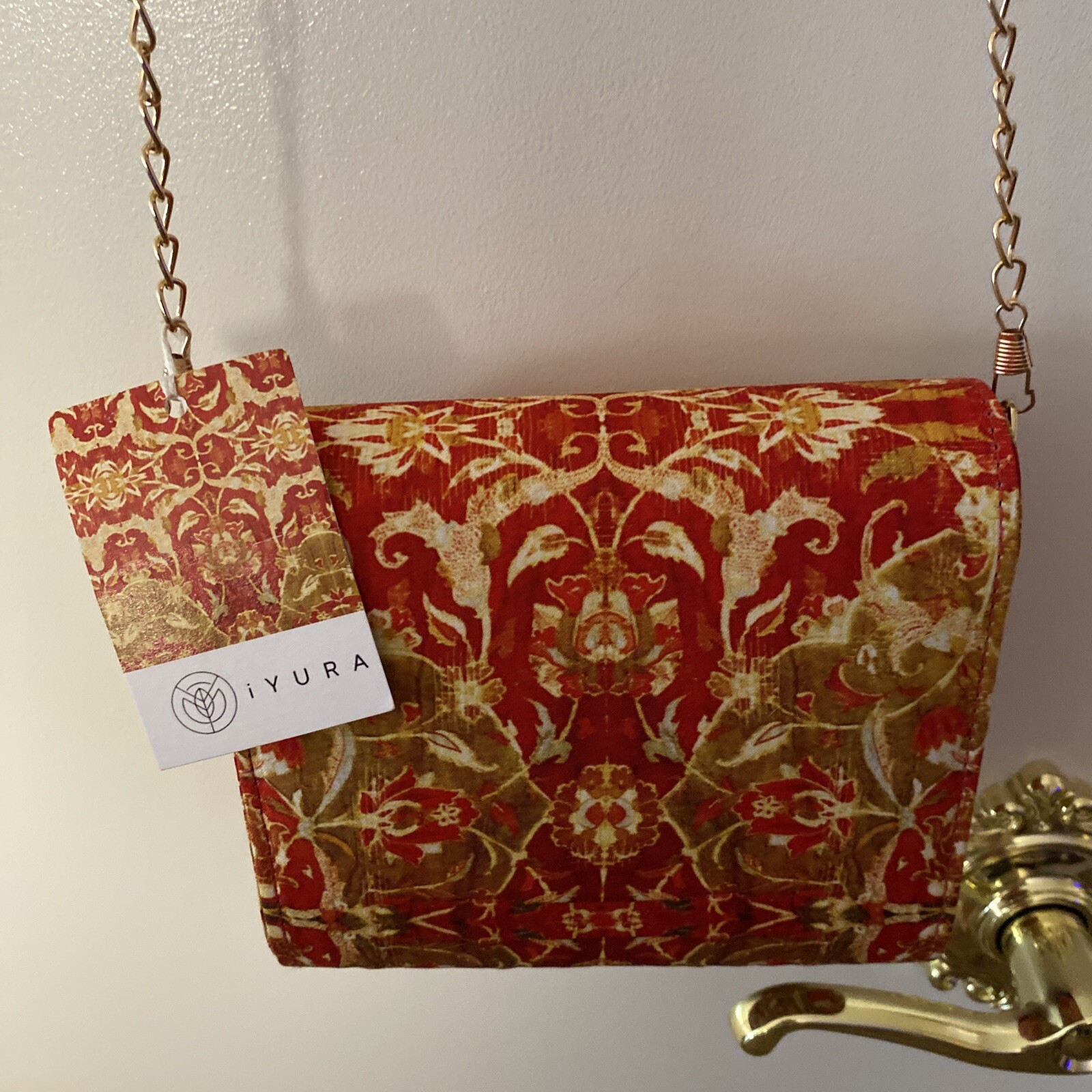 IYURA Red & Gold Snap Closure Purse Bag With Gold Tone Shoulder Chain