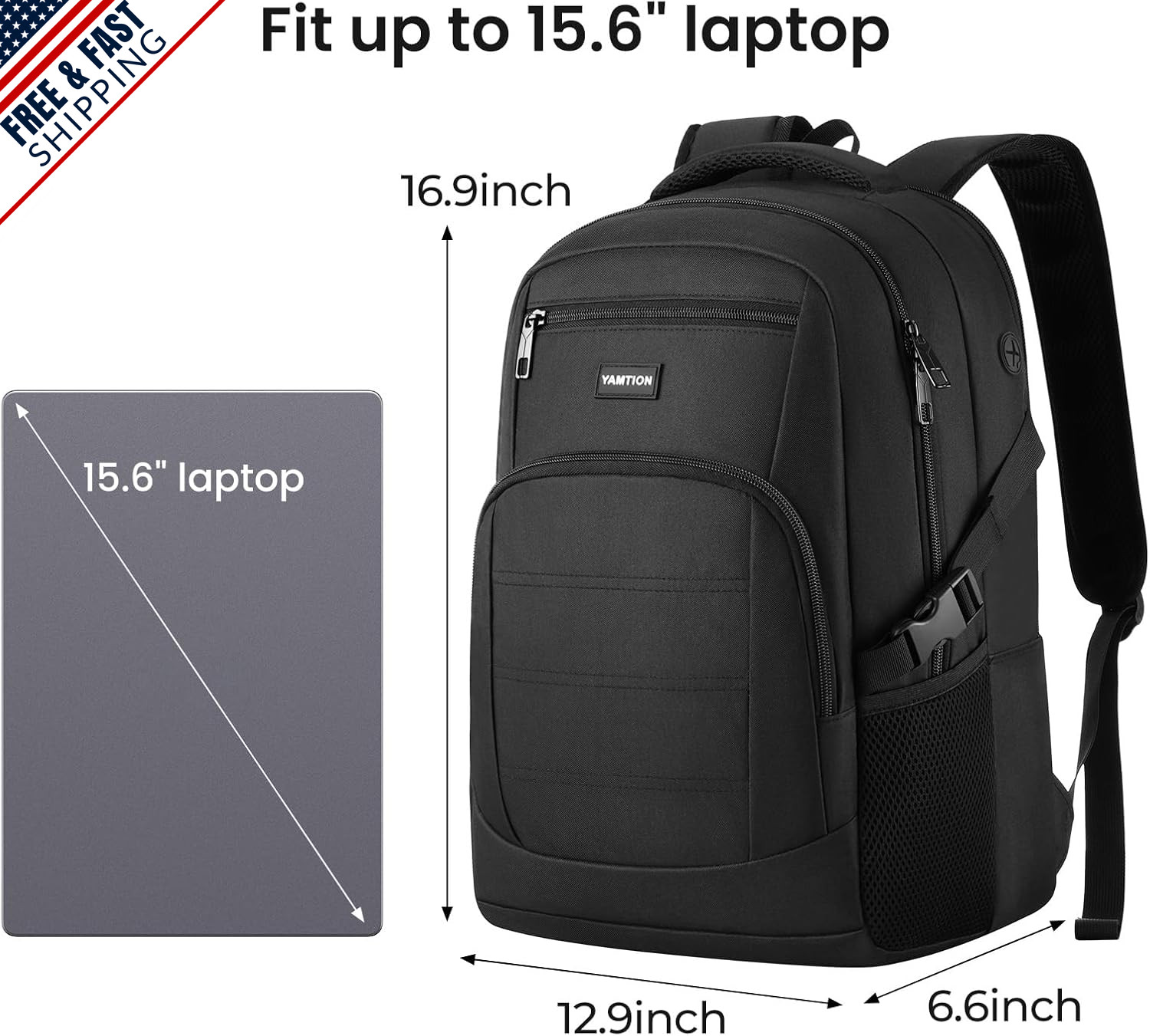 Lightweight Black Laptop Backpack for Men and Women, Fits 15.6″ Laptops