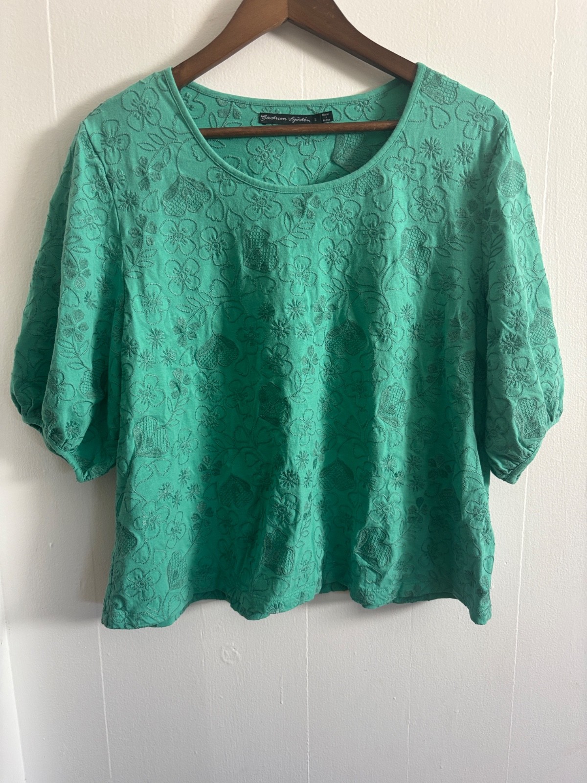 Gudrun Sjoden Green Floral Embroidered 100% Organic Cotton Top Size Large