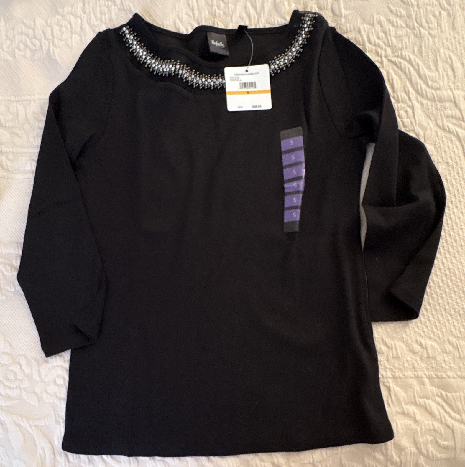 Rafaella Women’s Black Cotton Knit Crew Neck 3/4 Sleeve Beaded Top Size S