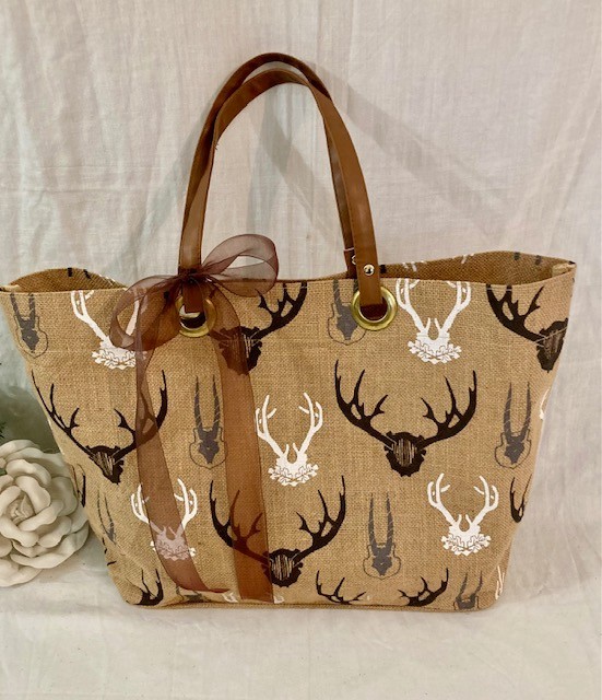 Mud Pie Stag Horn, Floral Antlers Large Burlap Tote with Leather Handles