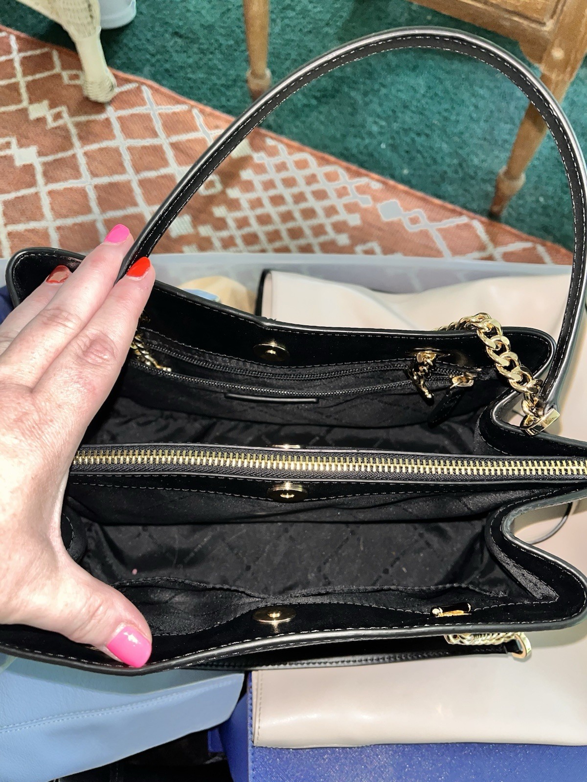 Michael Kors Black Leather Top Handle Bag With Gold Chain Accessories