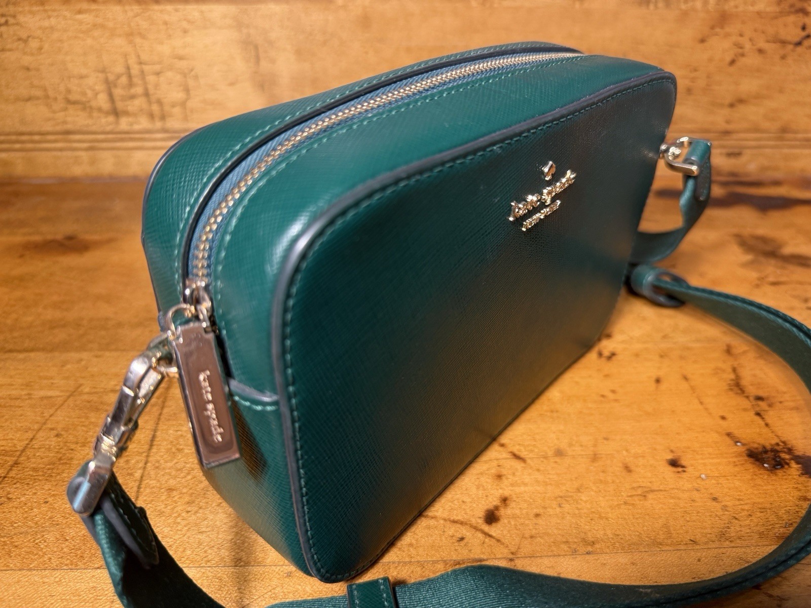 Kate Spade Green Small Crossbody Bag Zip, Detachable Adjustable Strap, Gold
