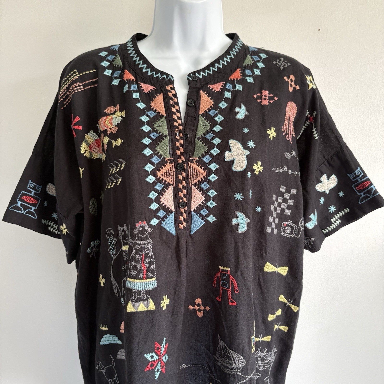 Johnny Was Pete&Greta Top Black Seraphina Embroidered Short Sleeve Size Small