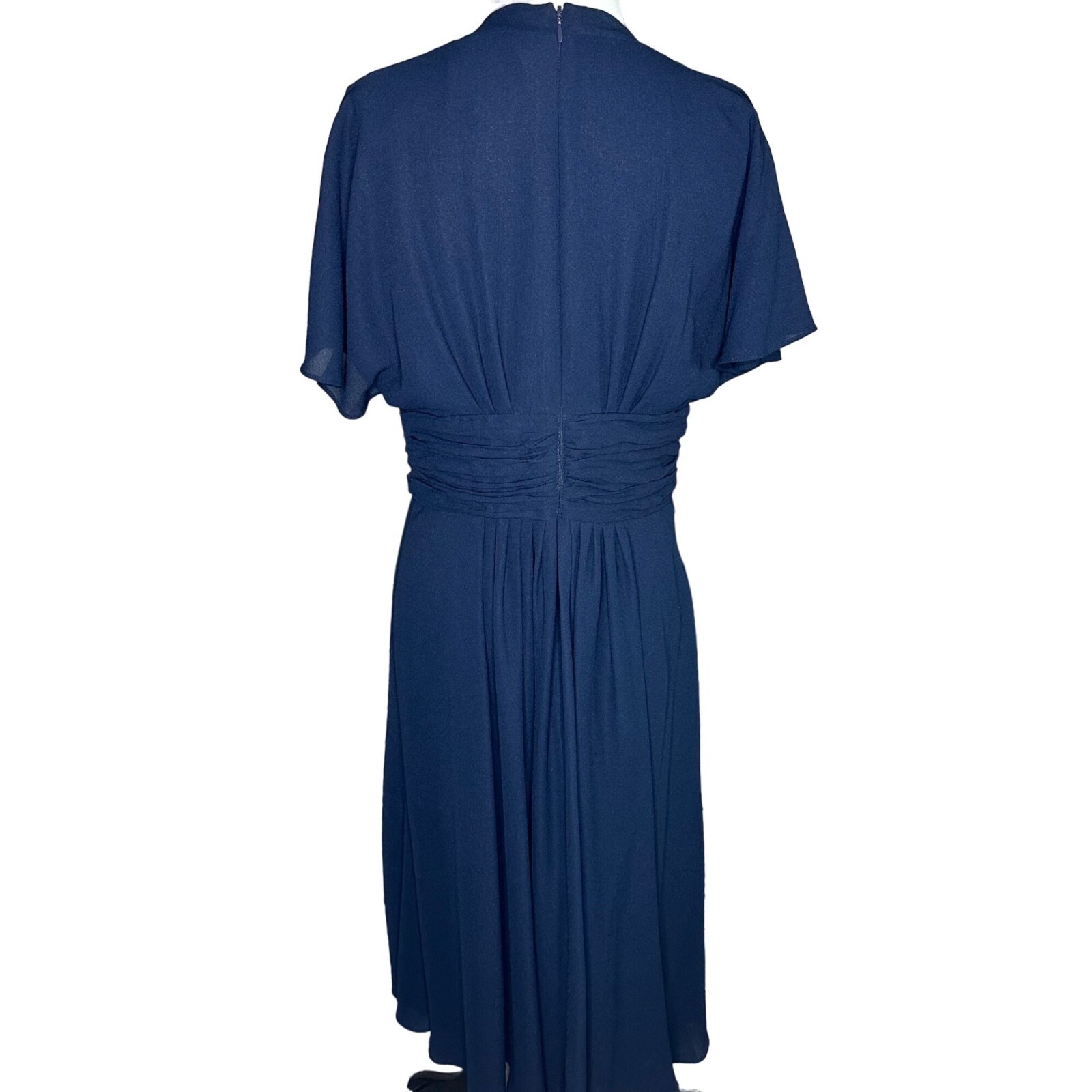 Gal Meets Glam Navy Blue Chiffon Waist Tie Bow Midi Dress Size 8 Back Zipper