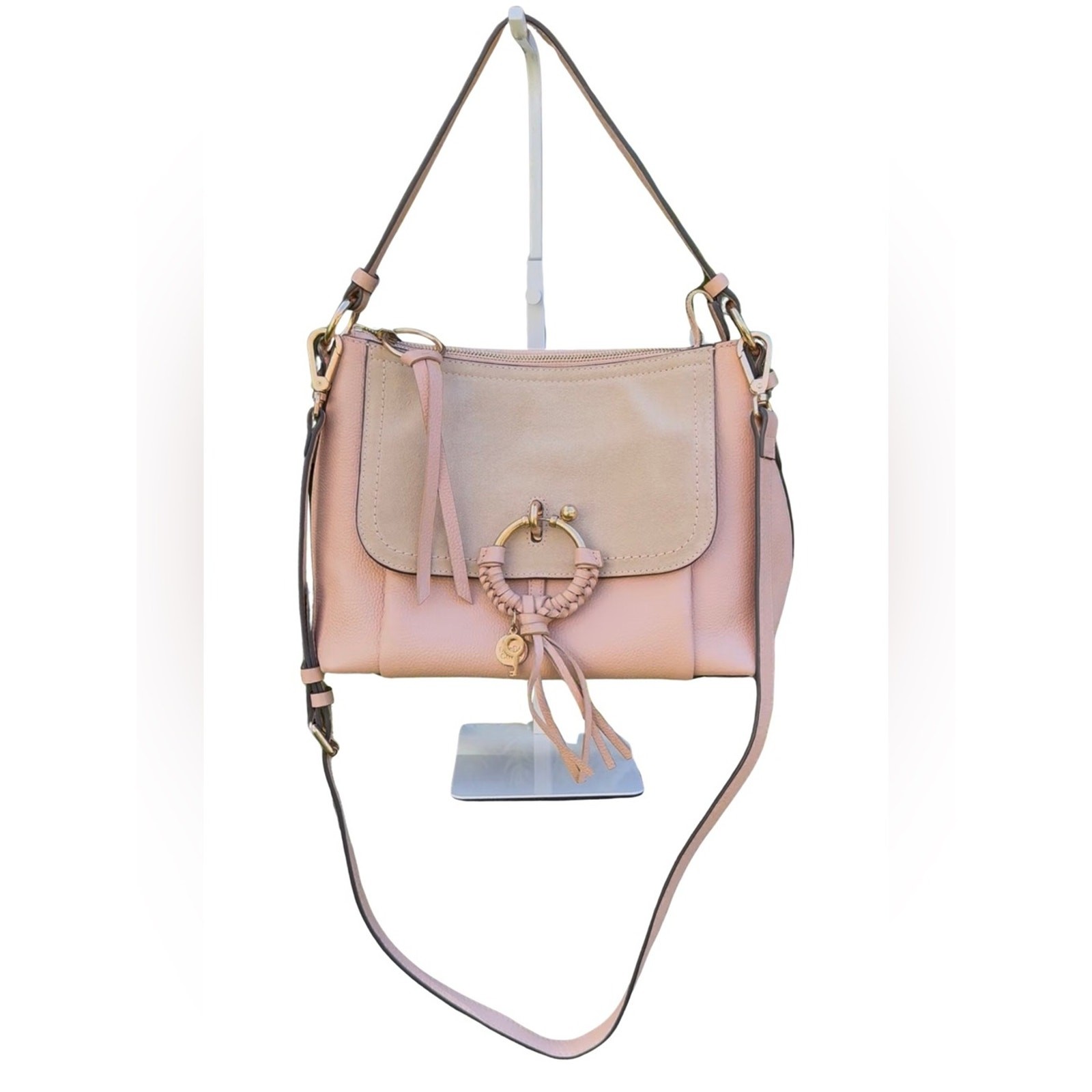 See by Chloe Blush Taupe Joan Suede Pebble Leather Shoulder Crossbody Hobo w/COA