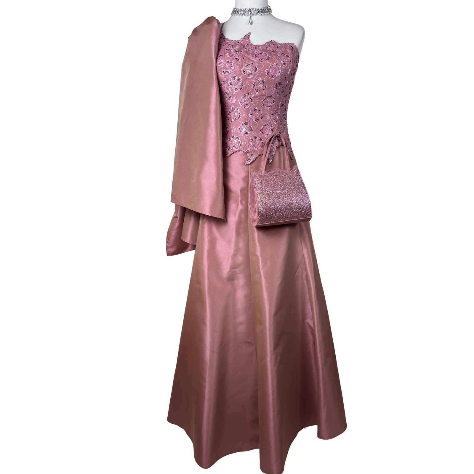 Vintage Pink Corset Prom Dress Set: Y2K Prom Gown Satin Gown, Glitter Bustier