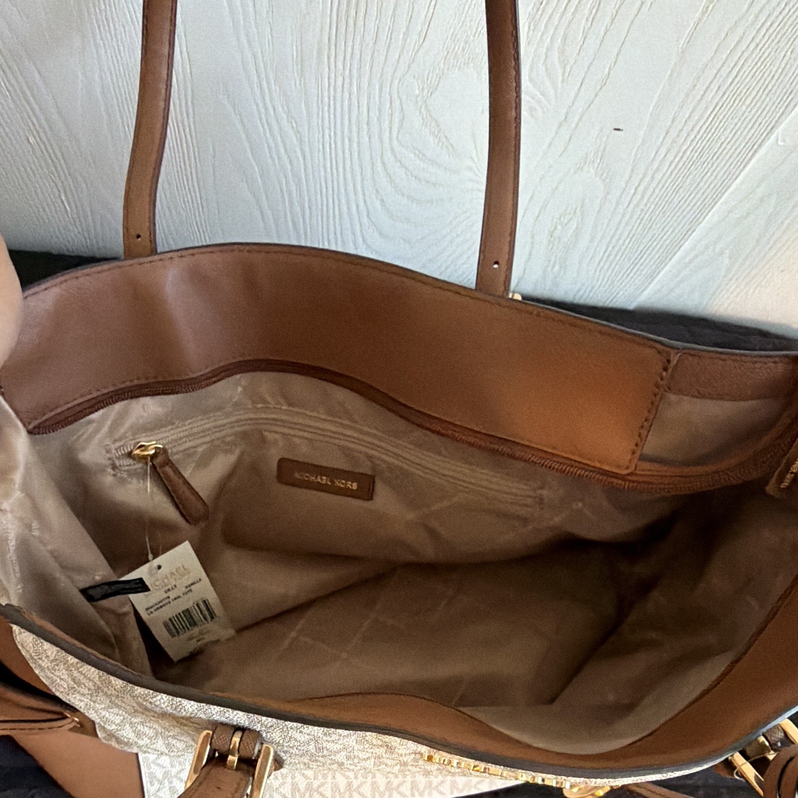 Michael Kors Monogram Large Tote Handbag Beige/Brown Gold Hardware MK Charm
