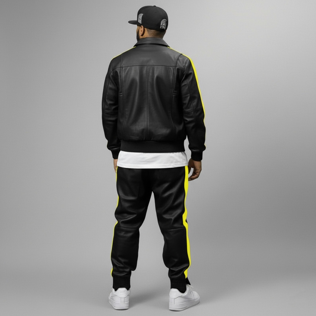 Men Lambskin PU /Leather Track Suit Sweatsuit Men Jogging Tracksuit Black/Yellow