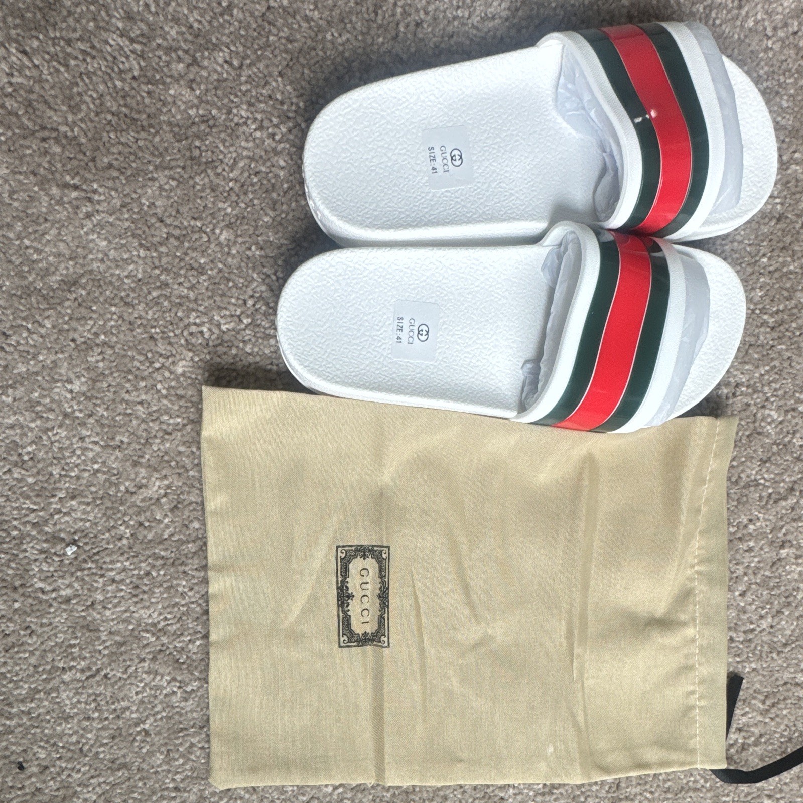 Gucci Logo Web Stripe Rubber Slide Sandals White/Red/Green Men’s US 8 EU41