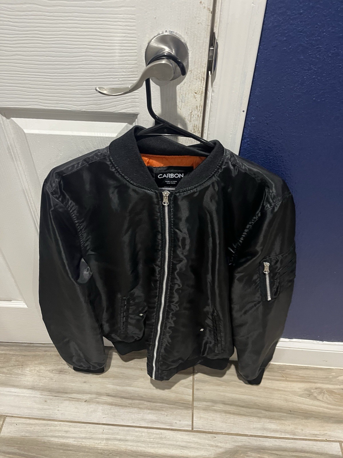 Carbon Men’s Black Bomber Jacket M Regular Full Zip Band Collar Short