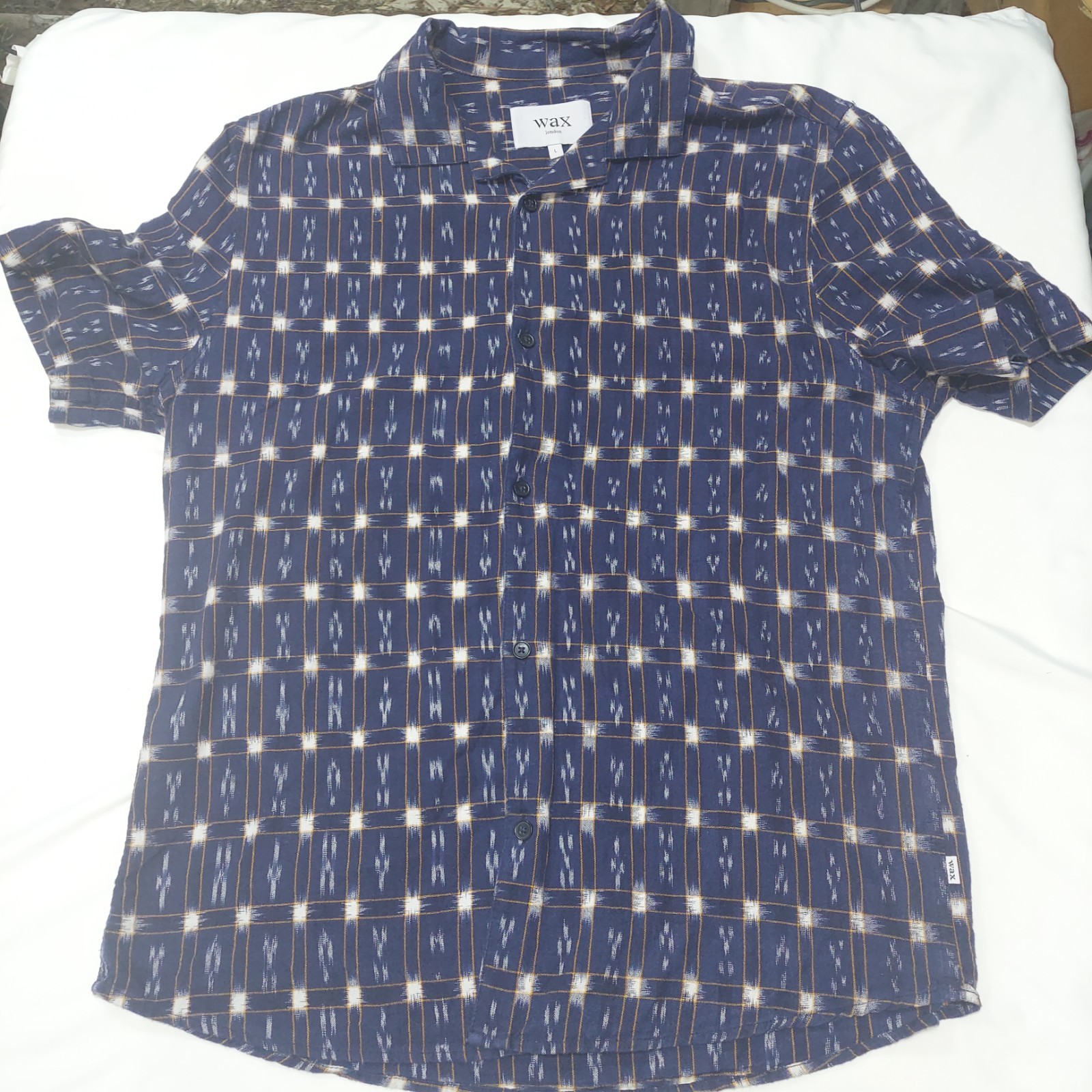 WAX LONDON Mens Navy Ikat Didcot Short Sleeve Cotton Shirt Sz Large Blue Orange