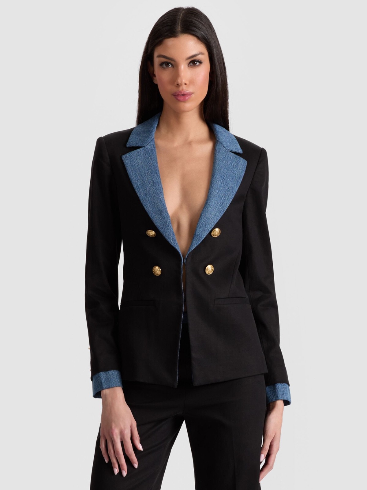 $660 ALICE + OLIVIA Women’s “Mya” blazer jacket – Black / Liana Blue – 6