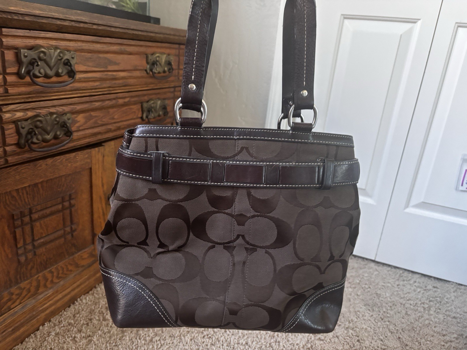 Vintage Coach Hamptons Signature Jacquard & Python Stripe Carryall Tote
