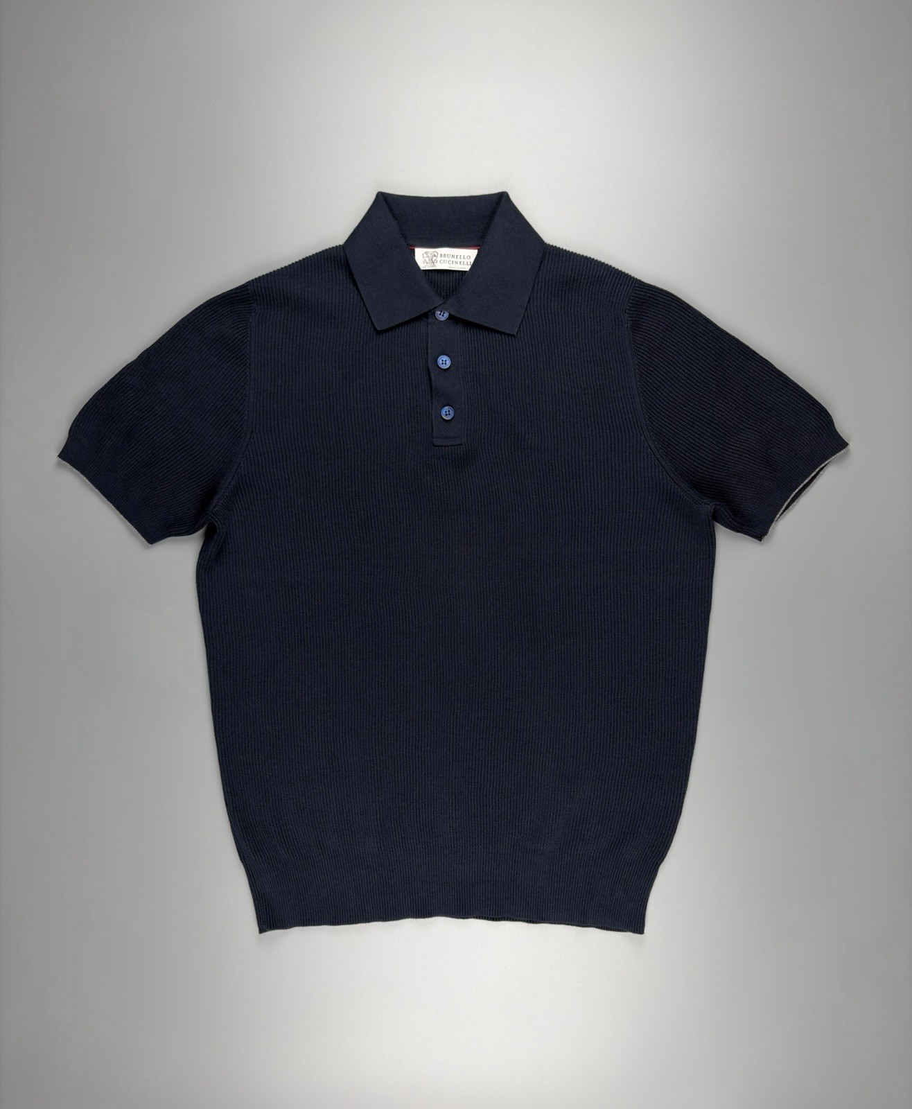 Mens Brunello Cucinelli Cotton Rib Knit Polo Shirt Dark Blue Size 48