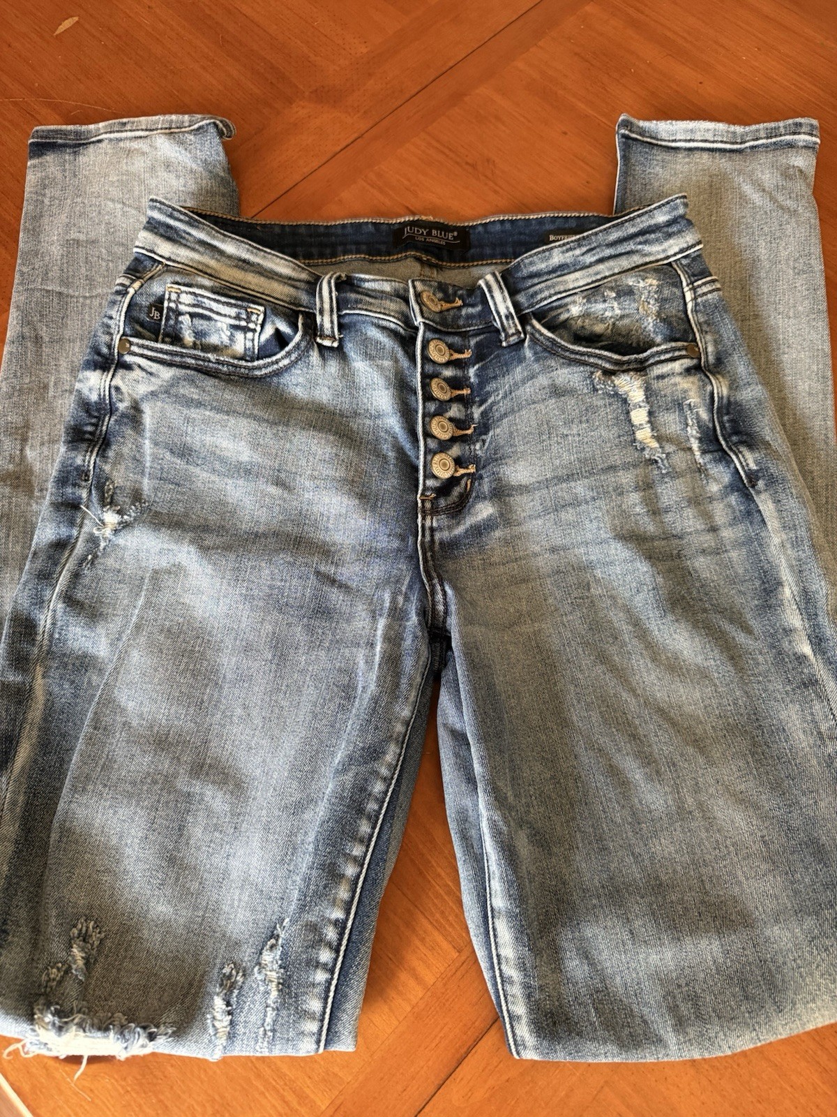 Judy Blue Medium Wash High Rise Boyfriend Stretch Distressed Button Fly Jeans