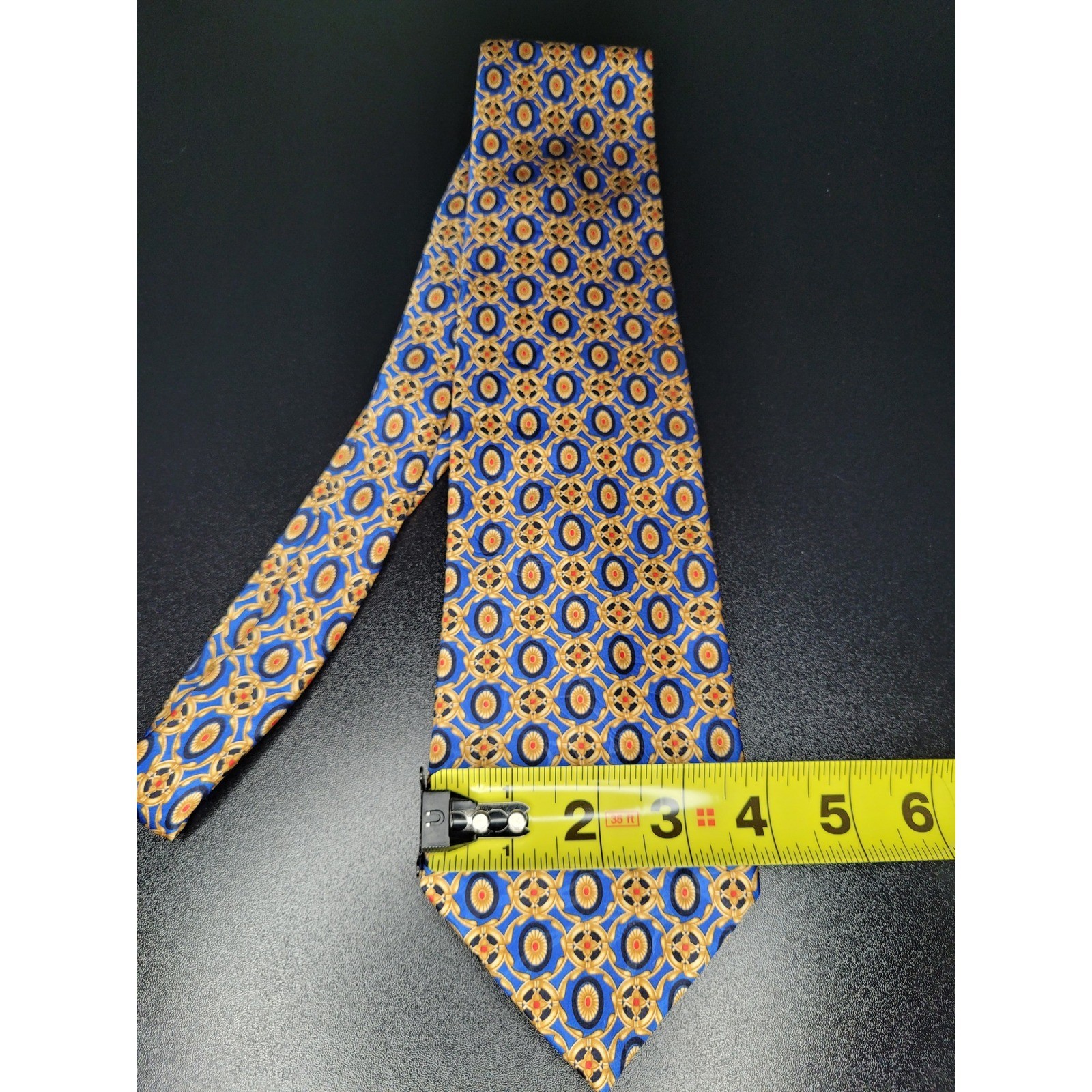 Lanvin Men’s Necktie Blue Gold Geometric Silk 3.75″ x 58″ Excellent