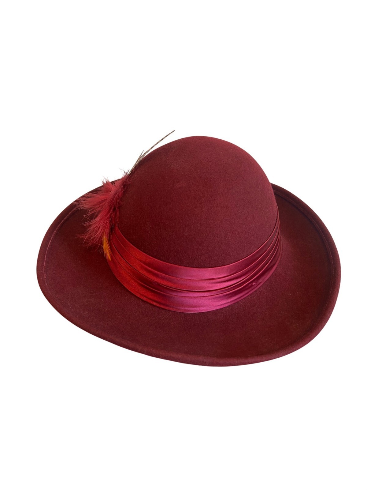 Vintage Geo W Bollman Burgundy Wool Hat With Satin Ribbon & Feather Accent