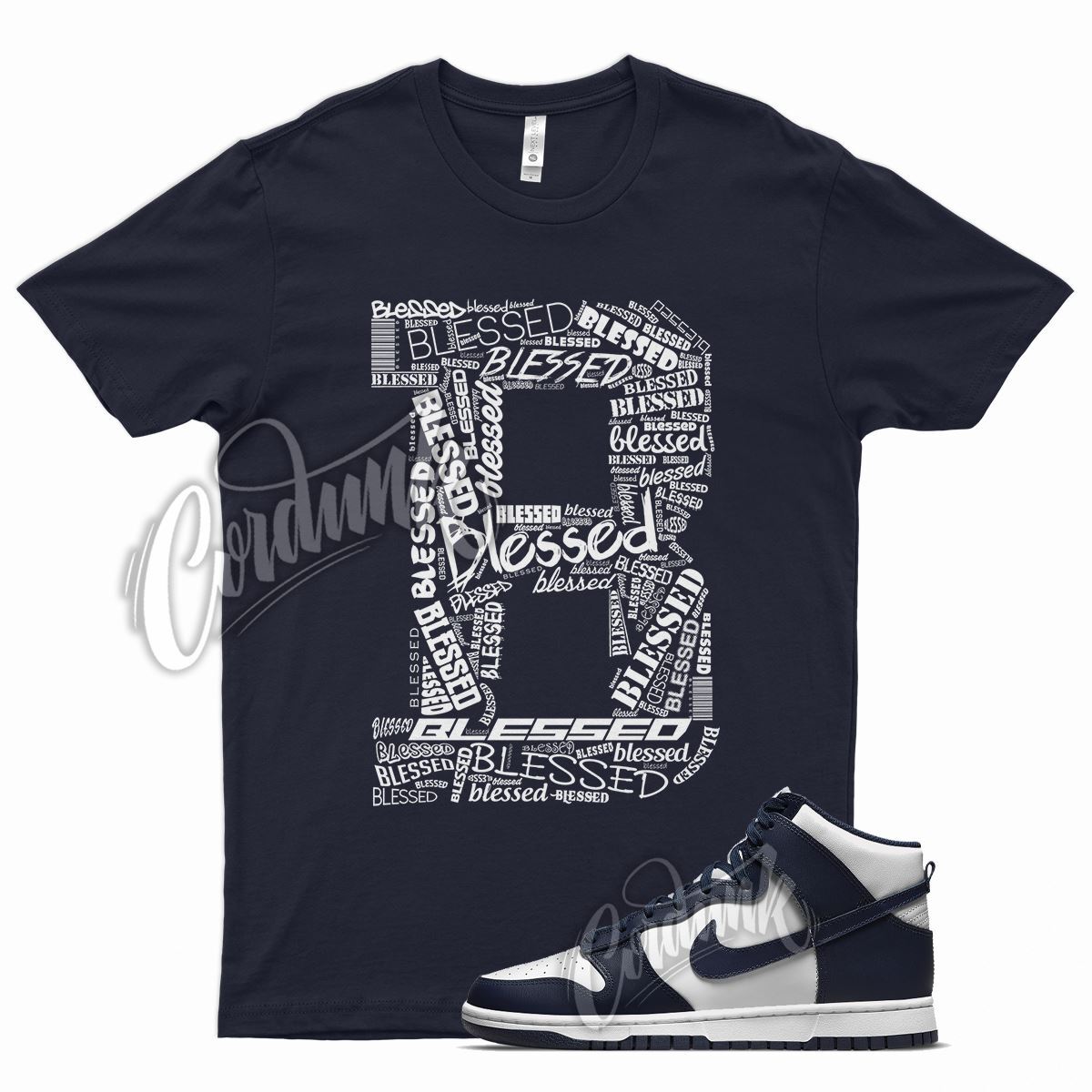 Navy BLESSED T Shirt for N Dunk High Midnight Navy Dark Blue White Obsidian