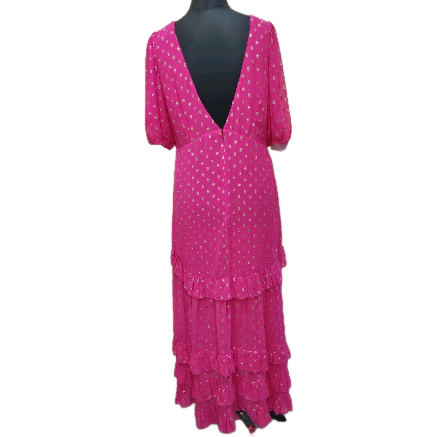 Rixo Pink Gold Dot Midi Dress XXL Size 18 Shireen Layers Sheer V-back Wedding