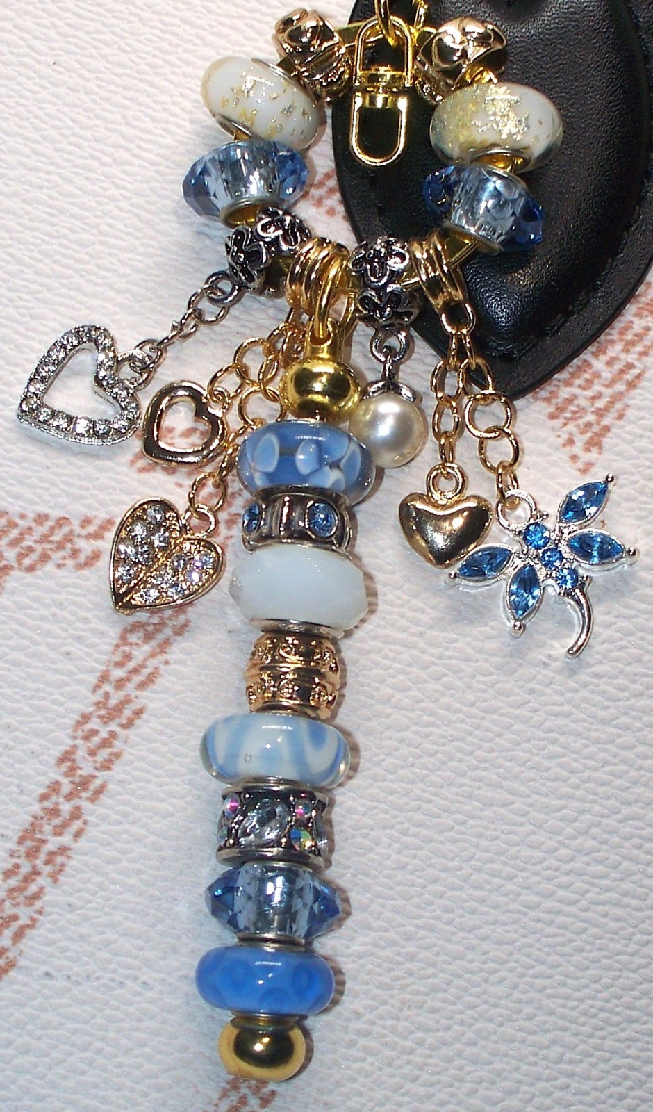 Blue Periwinkle Gold Purse Charm Keychain Heart Murano Pearl Flower Bag Charm