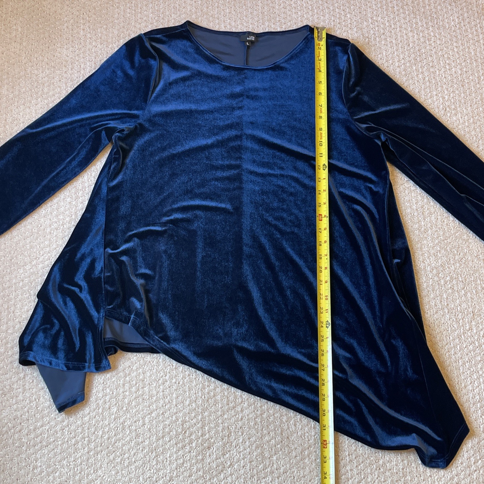 Lisa Bayne Velvet Top Womens Large Navy Blue Asymmetric Stretch Artsy Lagenlook
