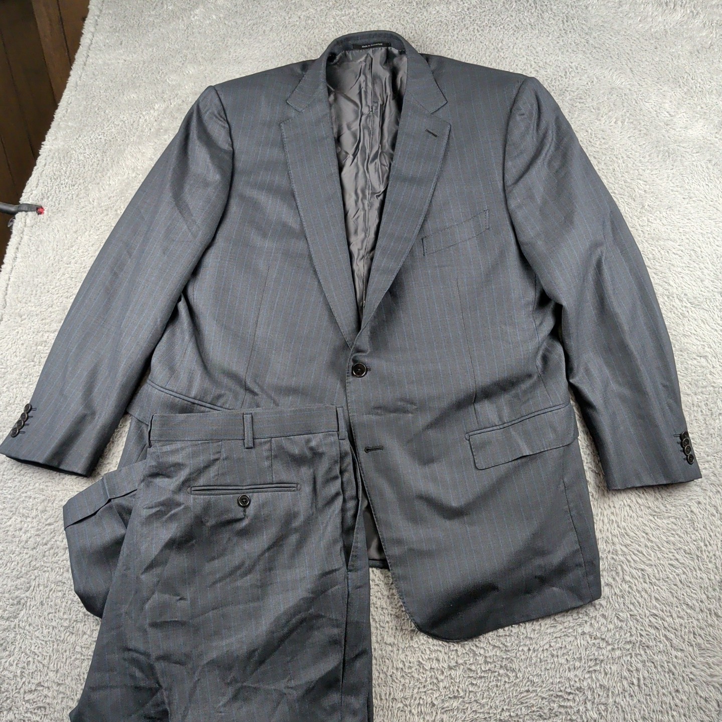 Ermenegildo Zegna Suit Mens 52R IT62 Gray Blue Wool Silk Pinstripe Trofeo 600