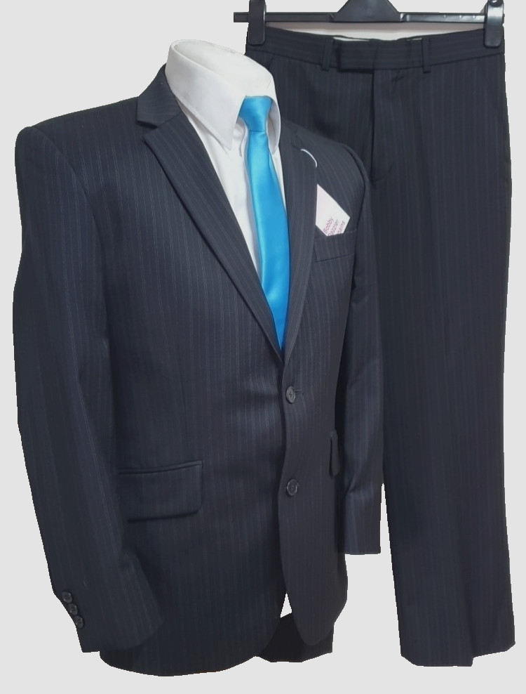 Limehaus mens 2 piece suit Ch38″S W30″ L29″ Black with blue pinstripe