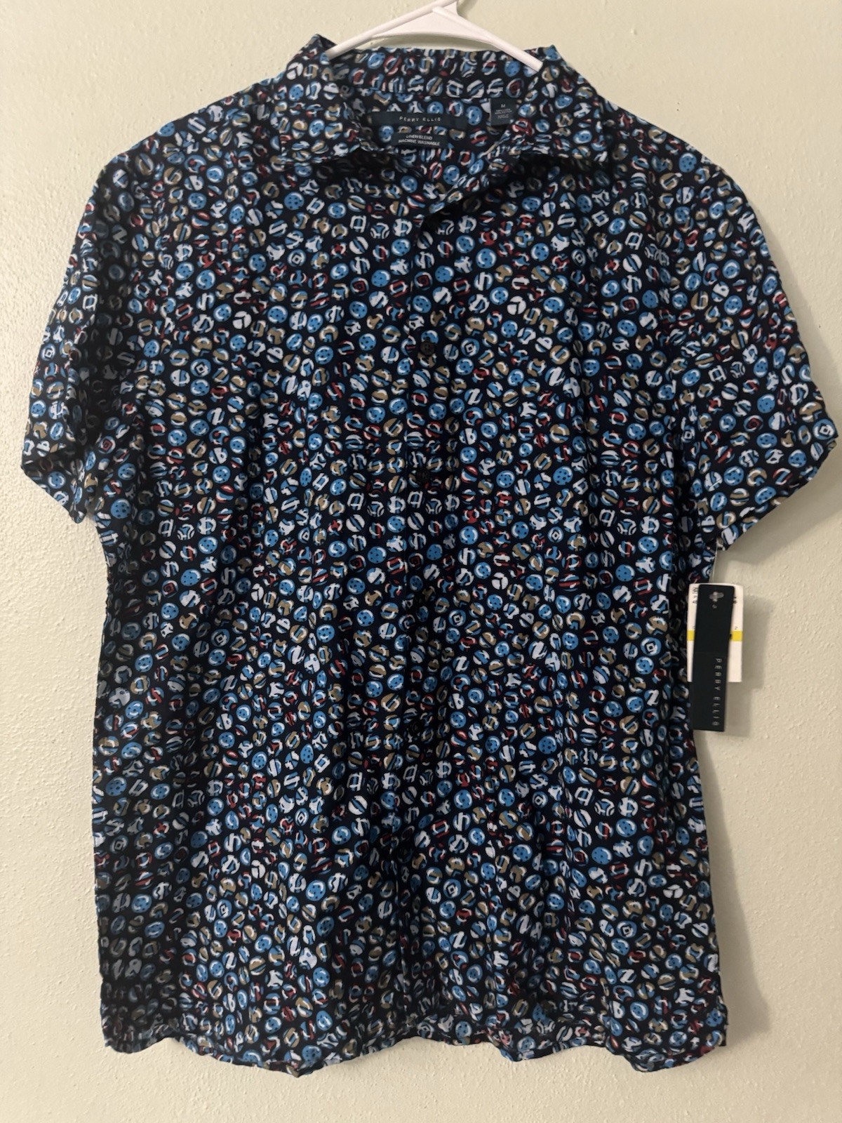 NWT Perry Ellis Men Medium Short Sleeve Button Up Shirt Blue Geometric Print