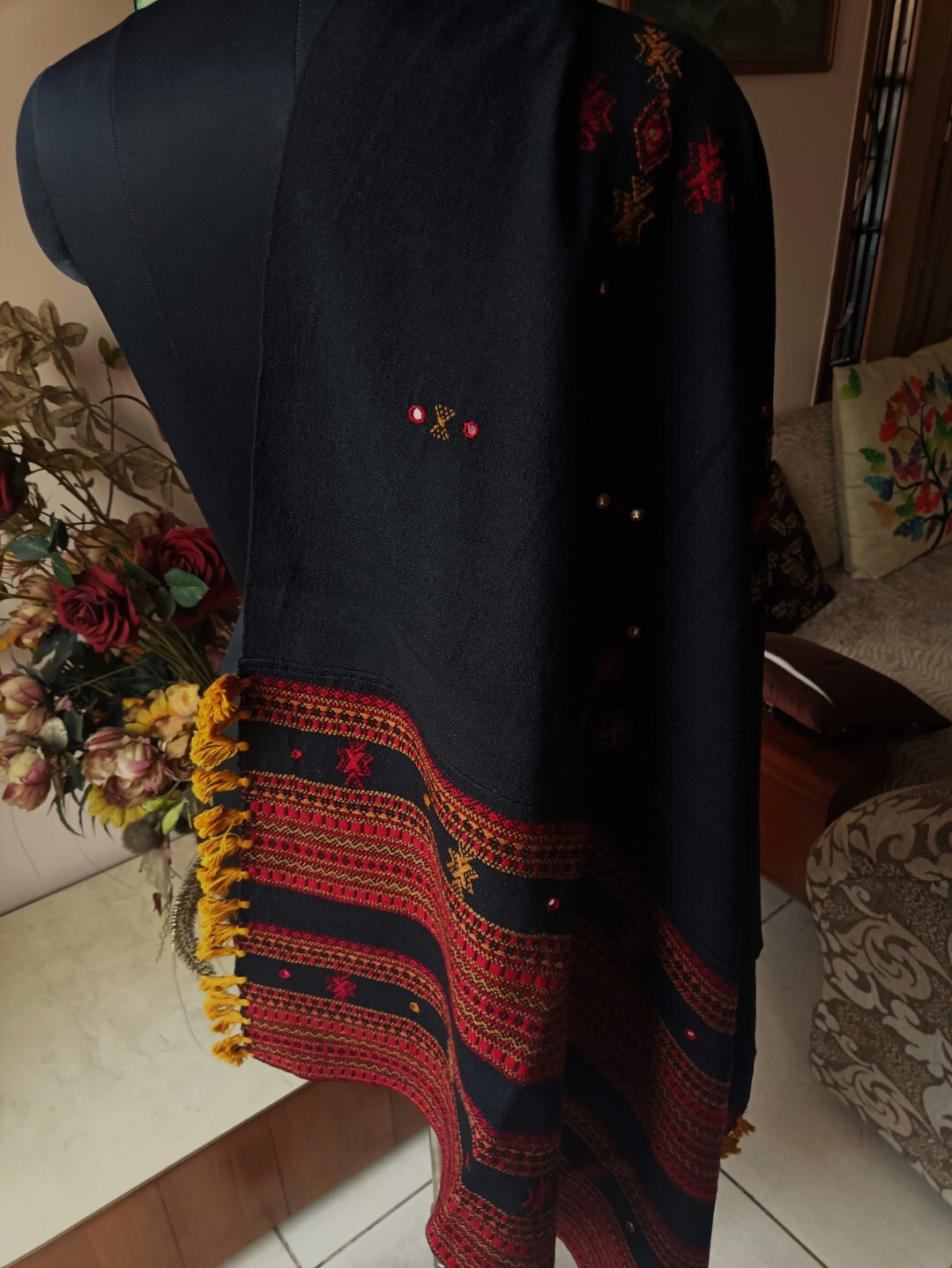 Traditional Tribal RAJASTHANI Shawl. Jacquard Design Mirrorwork Wool Blend Wrap.