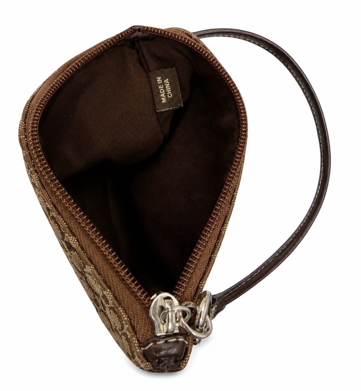 Coach Signature Logo Zip Wristlet Pouch Beige/Brown Inner Pockets Silver