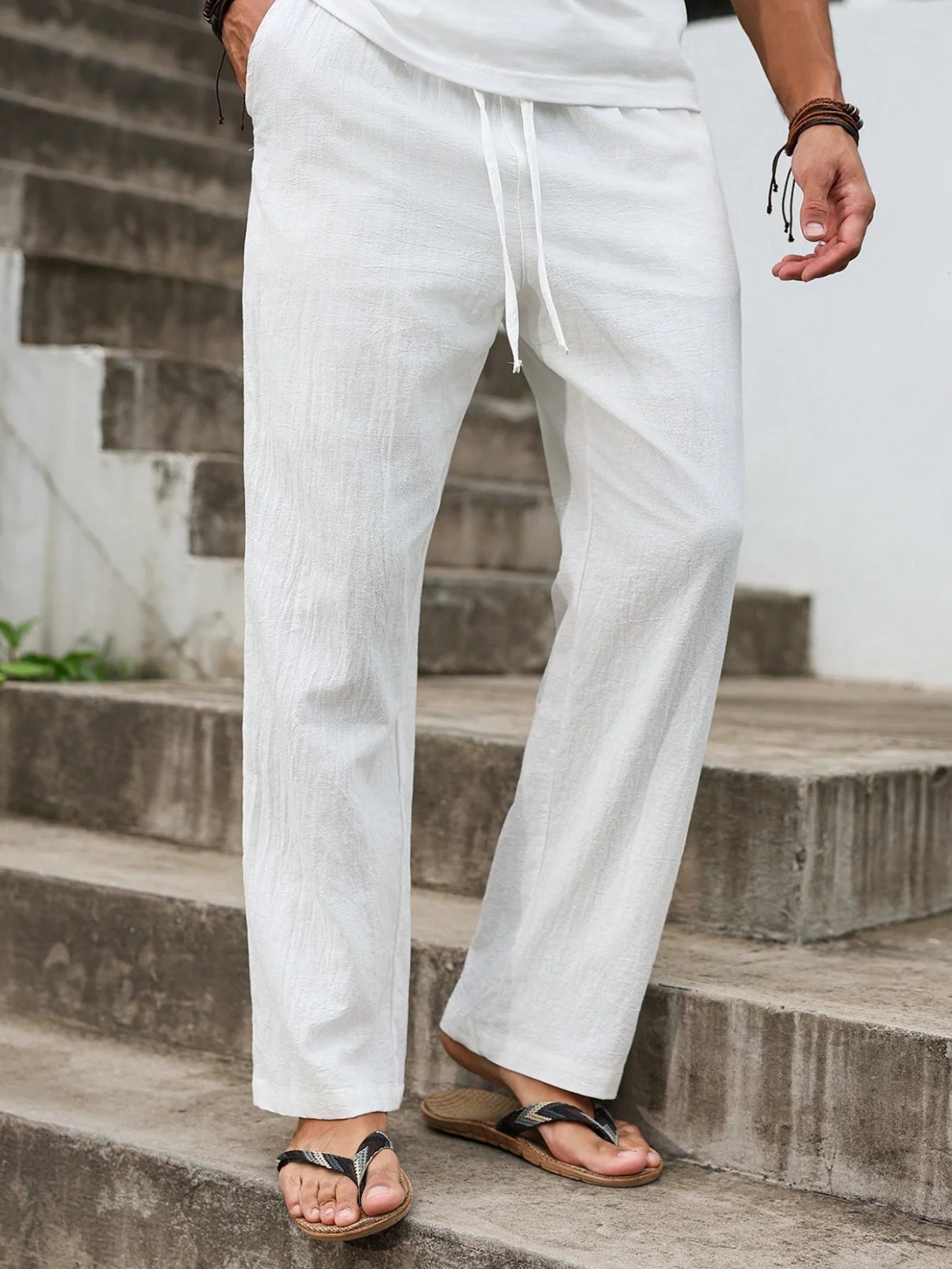 Men’s Summer Cotton Linen Pants Lightweight Breathable Straight Leg Casual Beach