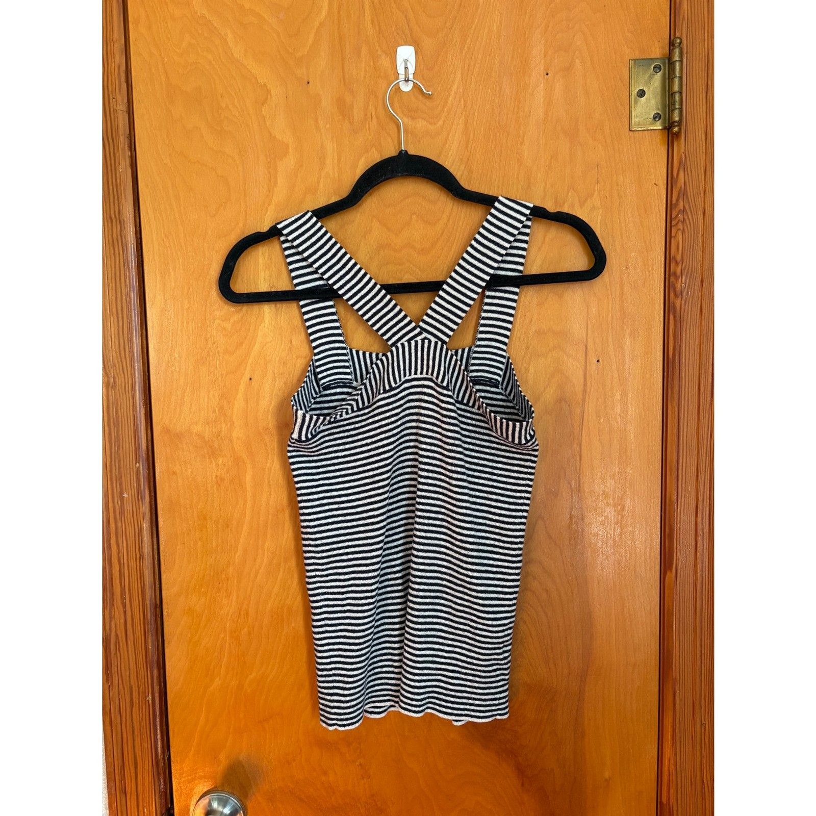 LOFT Striped Sweater Tank XS Black White Cross Back Fitted Stretch Knit Top