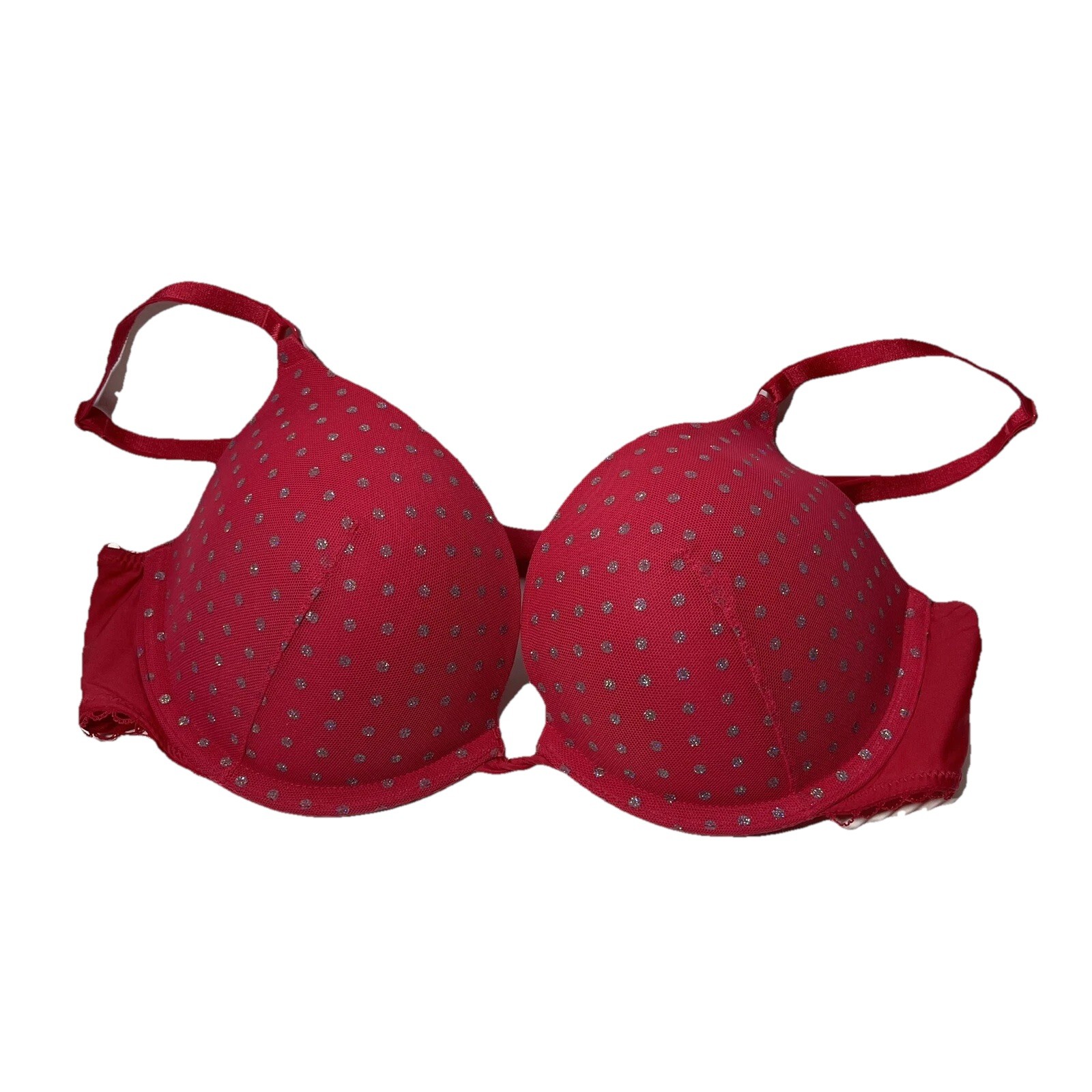 Victoria Secret Push Up Pigeonnant Bra 36B Multiway Straps Red Glitter PolkaDots