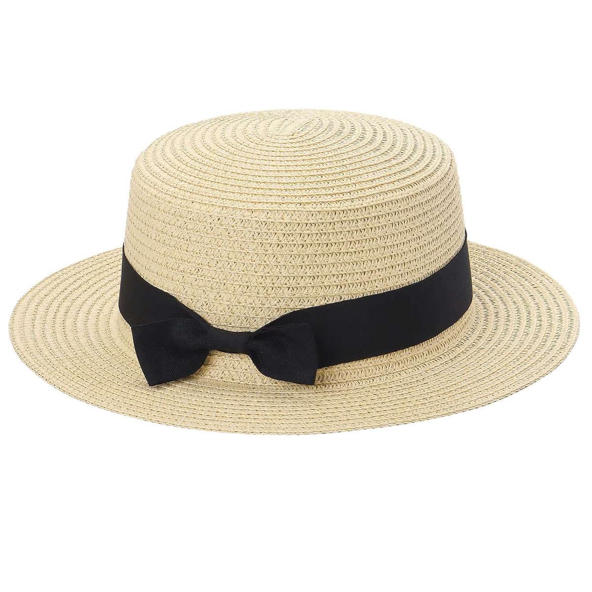 Women Flat Top Straw Boater Wide Brim Sun Hat Black Ribbon Bow Summer Beach Cap