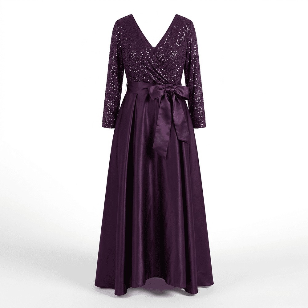 Plus Size 22W Purple Sequin Evening Gown Formal Maxi Dress V-Neck Elegant